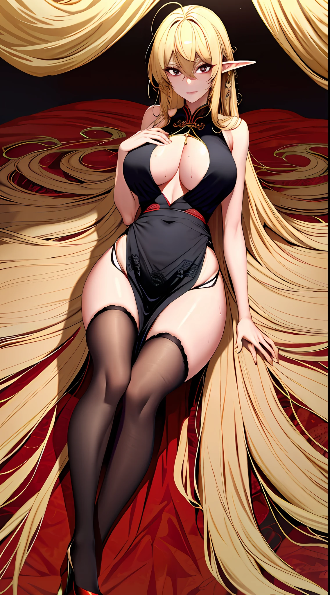 Two-dimensional, blonde mature woman, very long hair, elf, tall figure, big chest, cheongsam, black silk, high heels, very thin waist, long legs, thin legs, bare shoulders, bare legs, bare breasts, super clear, a lot of details, lying on her stomach, drenched, sweating, red face