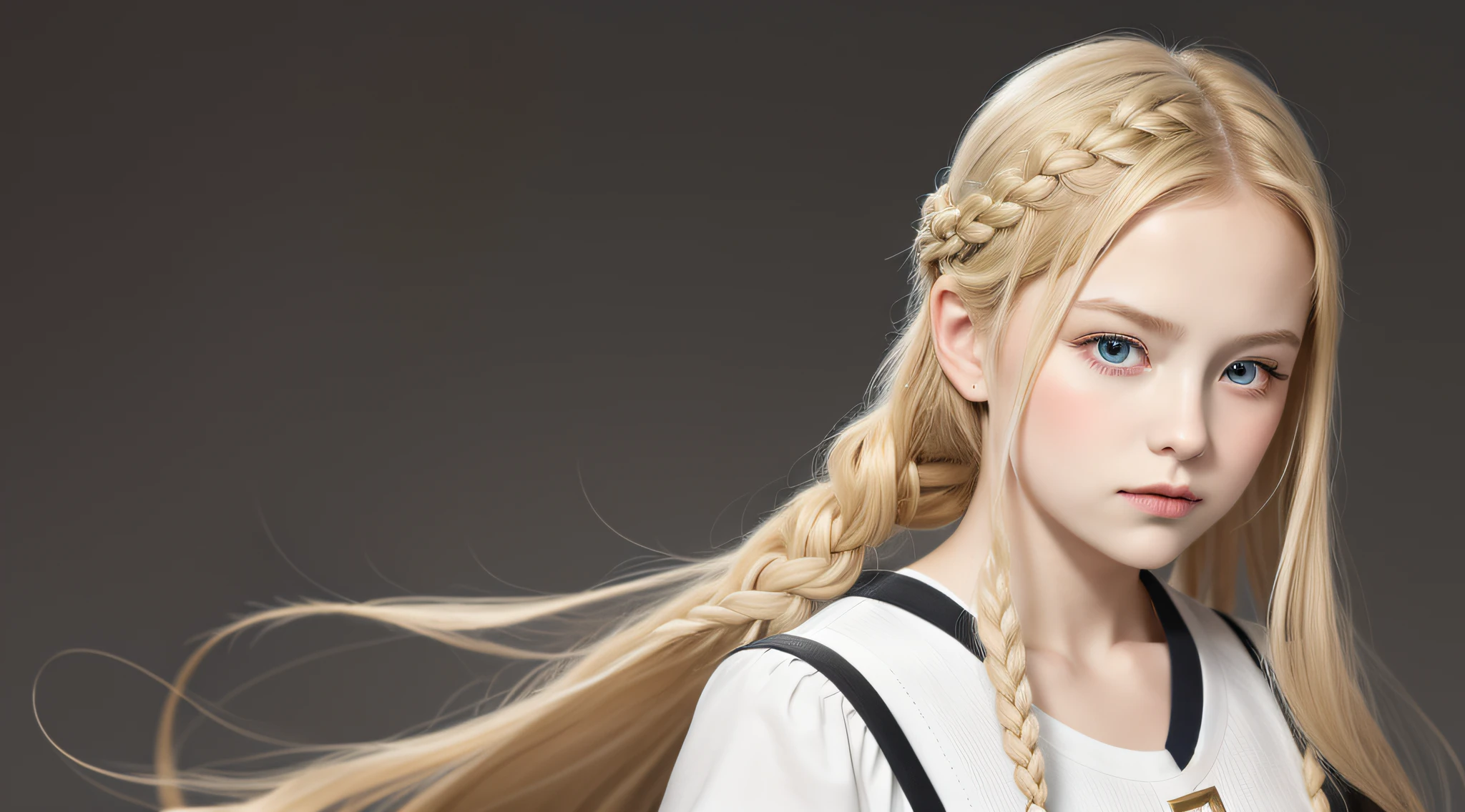masterpiece, best quality, realistic, RUSSIAN child girl, BRAIDED BLONDE HAIR, long hair, broad shoulders, small head, upper body, (white background: 1.3), mouth closed.