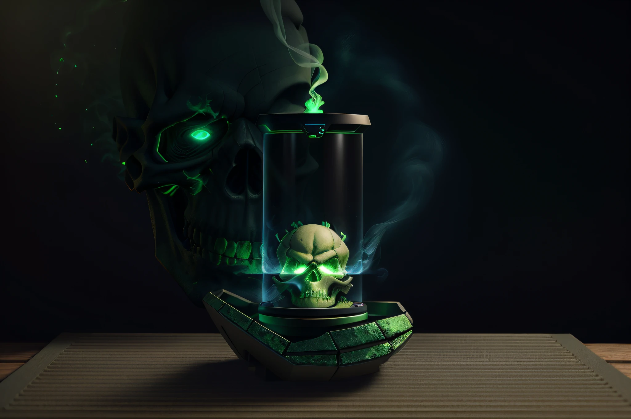 smokestyle dark background, masterpiece, octane render, best quality, uhd, hdr, 8k, 3d model, ray traced, unreal engine, RAW digital photo of a ((glowing nuclear green:1.2)) skull, ultra detailed, Fujifilm XT3, sharp focus, hard lighting, lit from below, dark shadows, subtle light reflections