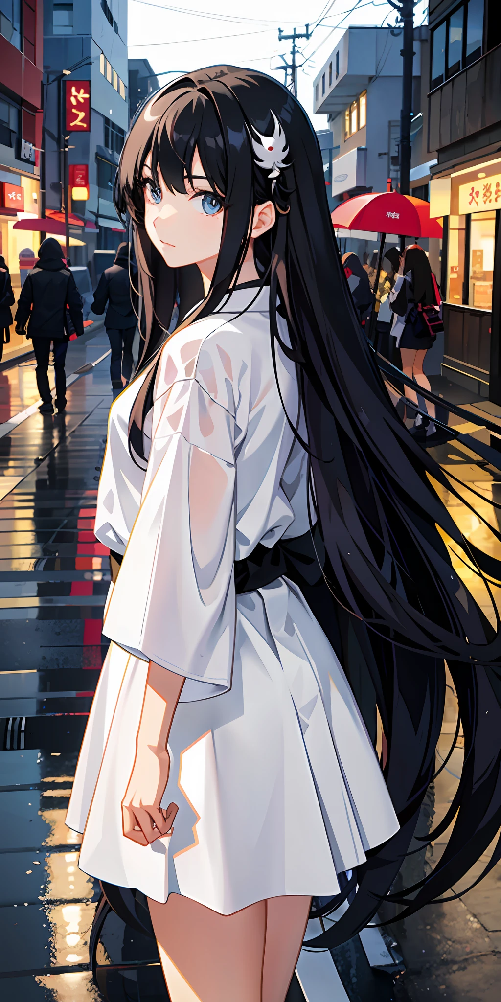 Japanese manga heroine, two-dimensional girl, anime girl, long hair, side face, furry hair ornament, side face girl, street background, rainy day, pure, cute girl, white top, black jeans, delicate eye portrayal, beautiful hair, masterpiece, best quality, (very detailed CG unified 8k wallpaper), (best quality), (best illustration), (best shadow), beautiful detailed glow, Peter Mohr Bacher's art,