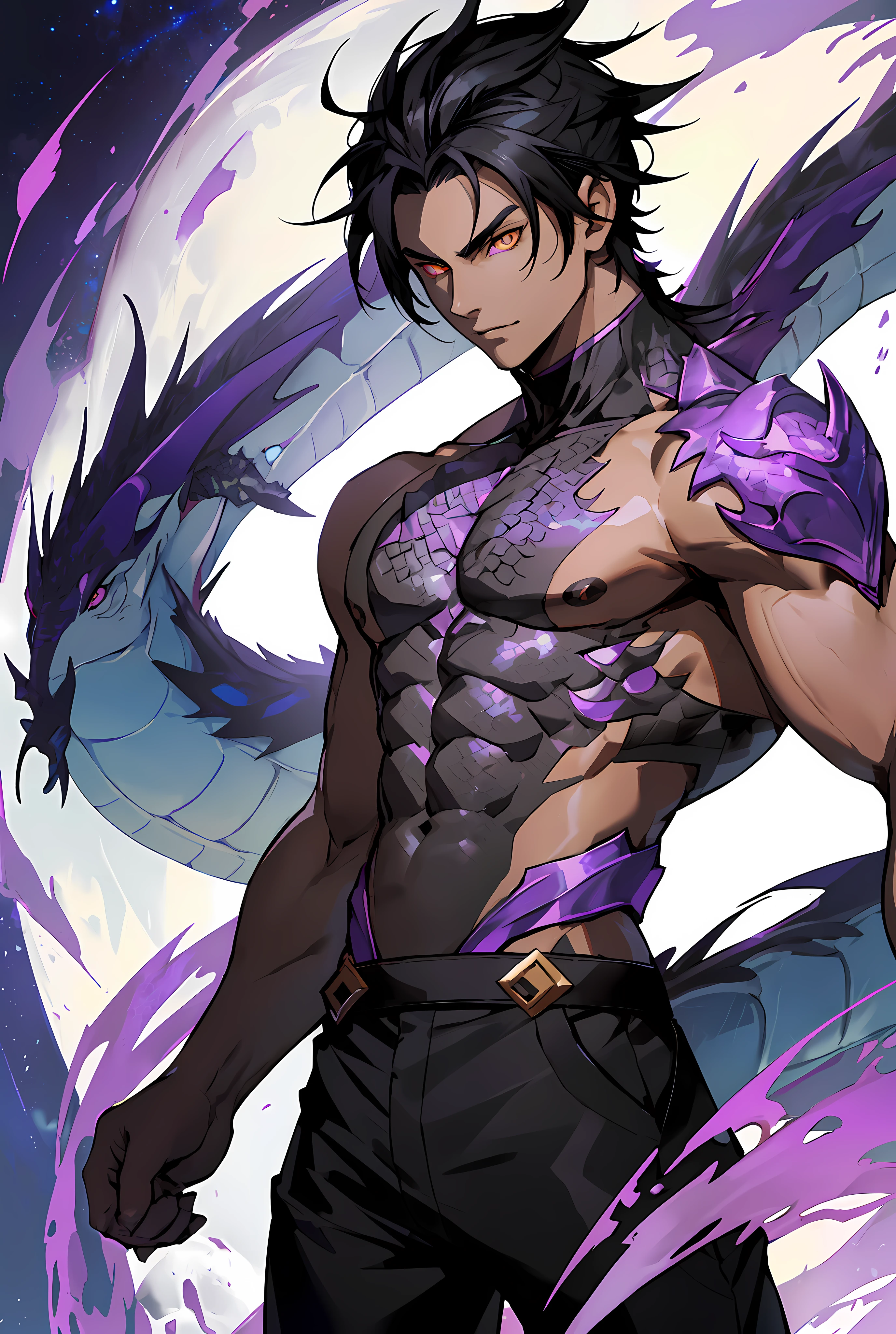 male character, shirtless, ((with white pants)) ((black dragon scales on his back, shoulders, arms and face)) ((anime style)) ((golden eyes)) ((short black hair)) cut on the left eyebrow. Dragon tail, ((light skin)) background fantastic nature, direct lighting