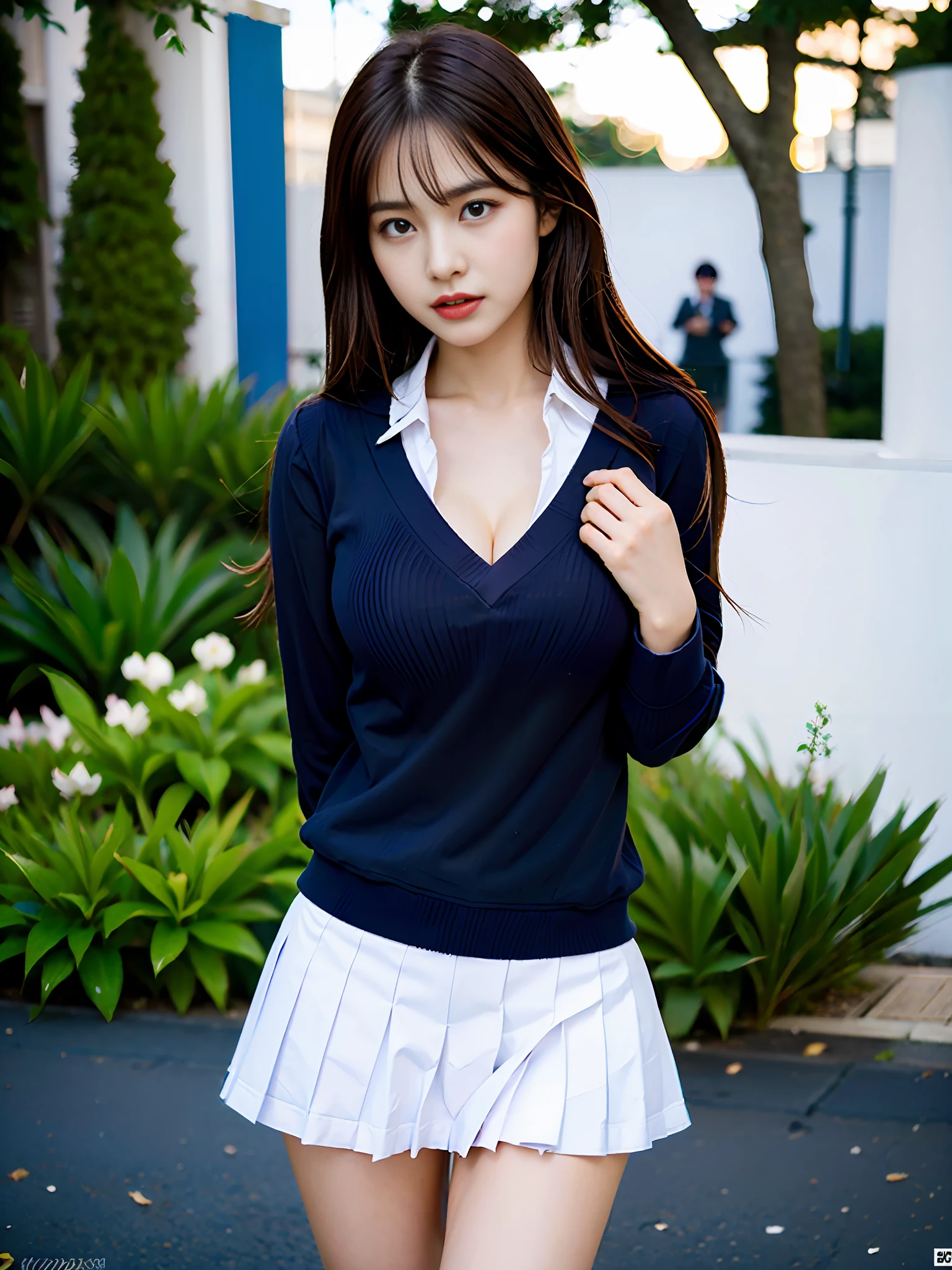 (School uniform: 1.5), (Realism: 1.4), (Best quality: 1.0), (Ultra High resolution: 1.0), 8k, RAW photo, (Masterpiece: 0.2), Ultra detailed, Full shot, 1girl, Beautiful skin, detailed skin, looking at the audience, full body, long hair, disgusted expression, huge breasts, (NSFW: 1.65)