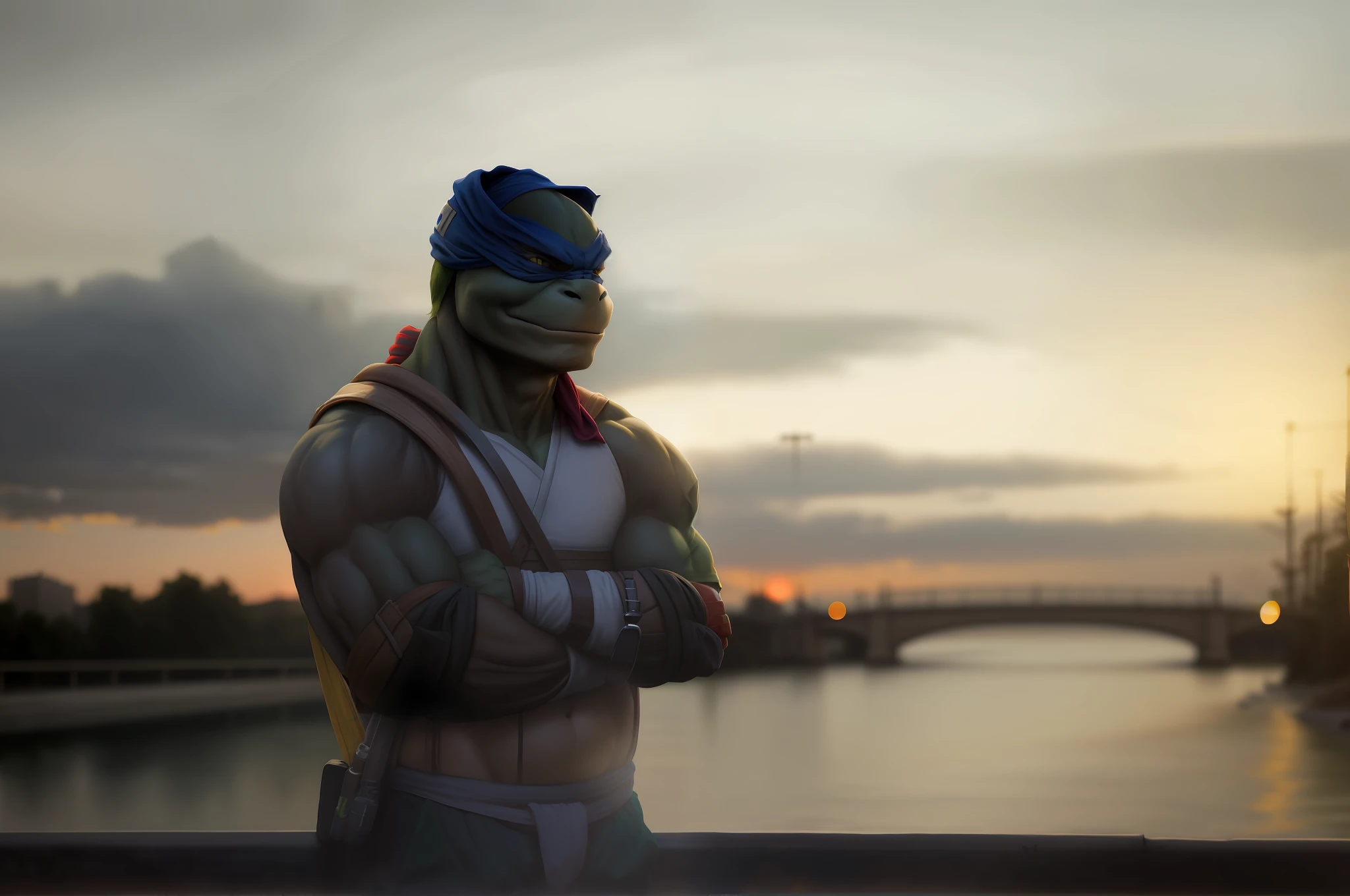 Teenage Mutant Ninja Turtles Michelangelo (Michelangelo) standing on a bridge with nunchaku (nunchuck) on his back, arms crossed, headscarf tied around his head, sunset, environmental portrait, river in front of him, sunset, sunset, dawn, shot with Canon EOS 5 D Mark IV, shot with Canon 5D MK4,