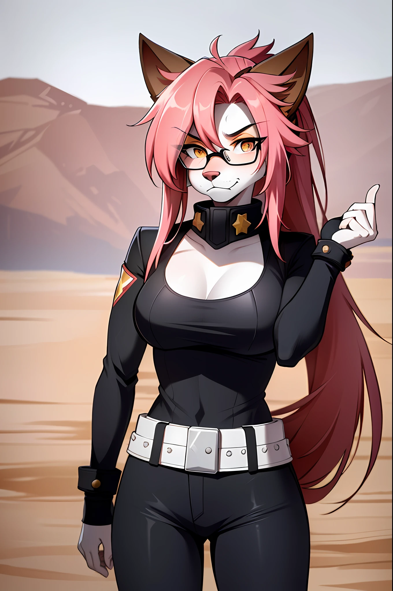 ((masterpiece, best quality)), (Anthro Furry:1.3, muzzle:1.2, Anthro:1.3, furry:1.2, closeup:1.2, women's soil:1.2, (wearing full closed Russian military uniform) military pants, wearing glasses, Fox spiraled in the colors of Funtime Foxy,five nights at freddy,white skin pink details, pink eyes, standing position, desert ambient place,tank blimdado behind