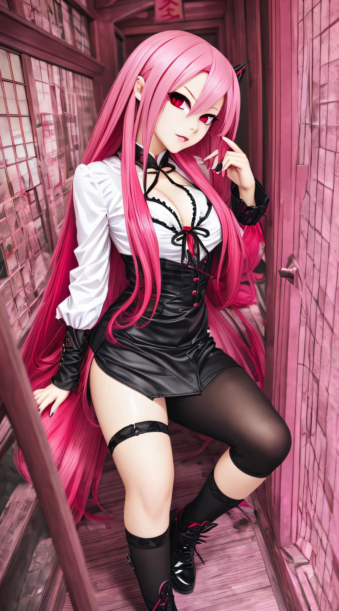 Sexy vampire pink hair, red eyes, fangs, sharp nails, blood on face, dressed Japanese high school clothes, anime style, full body image