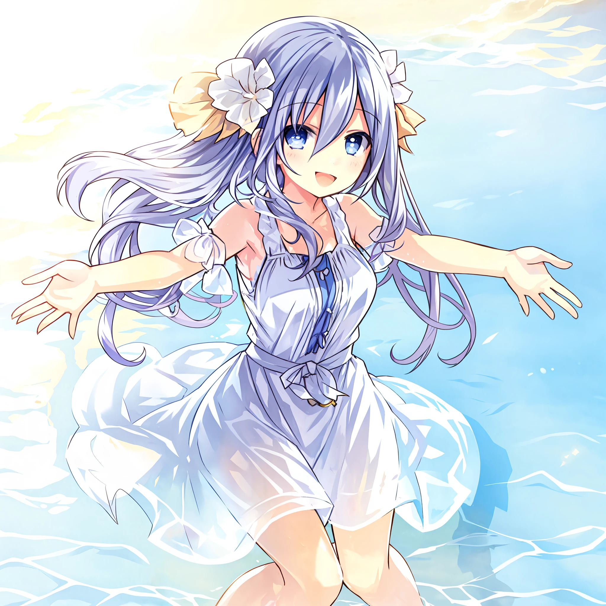 cute girl playing in the water, arms in the water, light smile, eyes open, eyes detailed, beautiful face detailed, girl standing with arms in the water, beach, sunny,