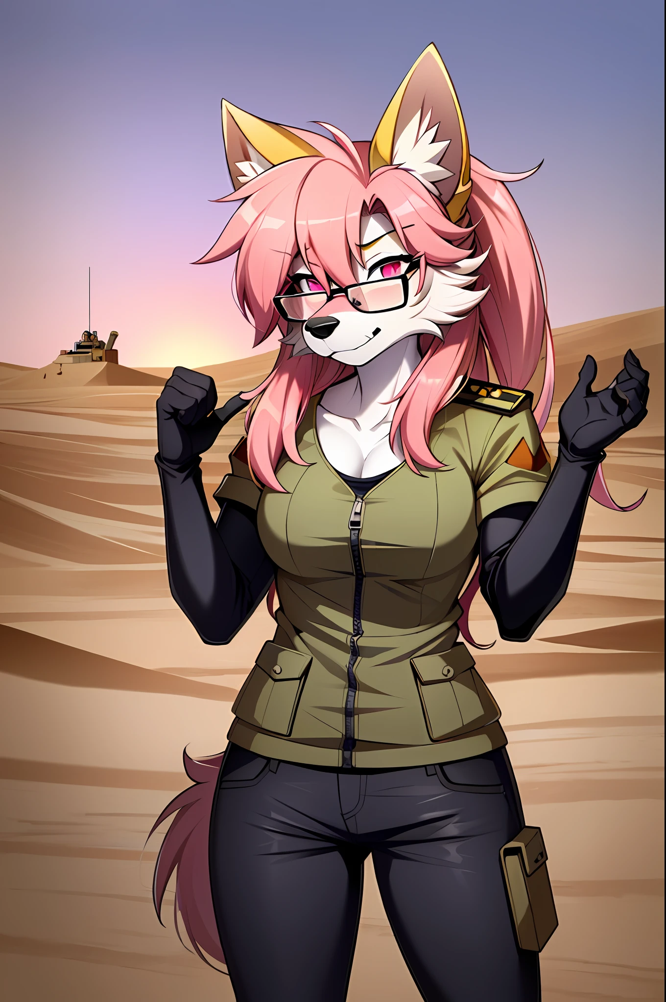 ((masterpiece, best quality)), (Anthro Furry:1.3, muzzle:1.2, Anthro:1.3, furry:1.2, closeup:1.2, women's soil:1.2, (wearing full closed Russian military uniform) military pants, wearing glasses, Fox spiraled in the colors of Funtime Foxy,five nights at freddy,white skin pink details, pink eyes, standing position, desert ambient place,tank blimdado behind