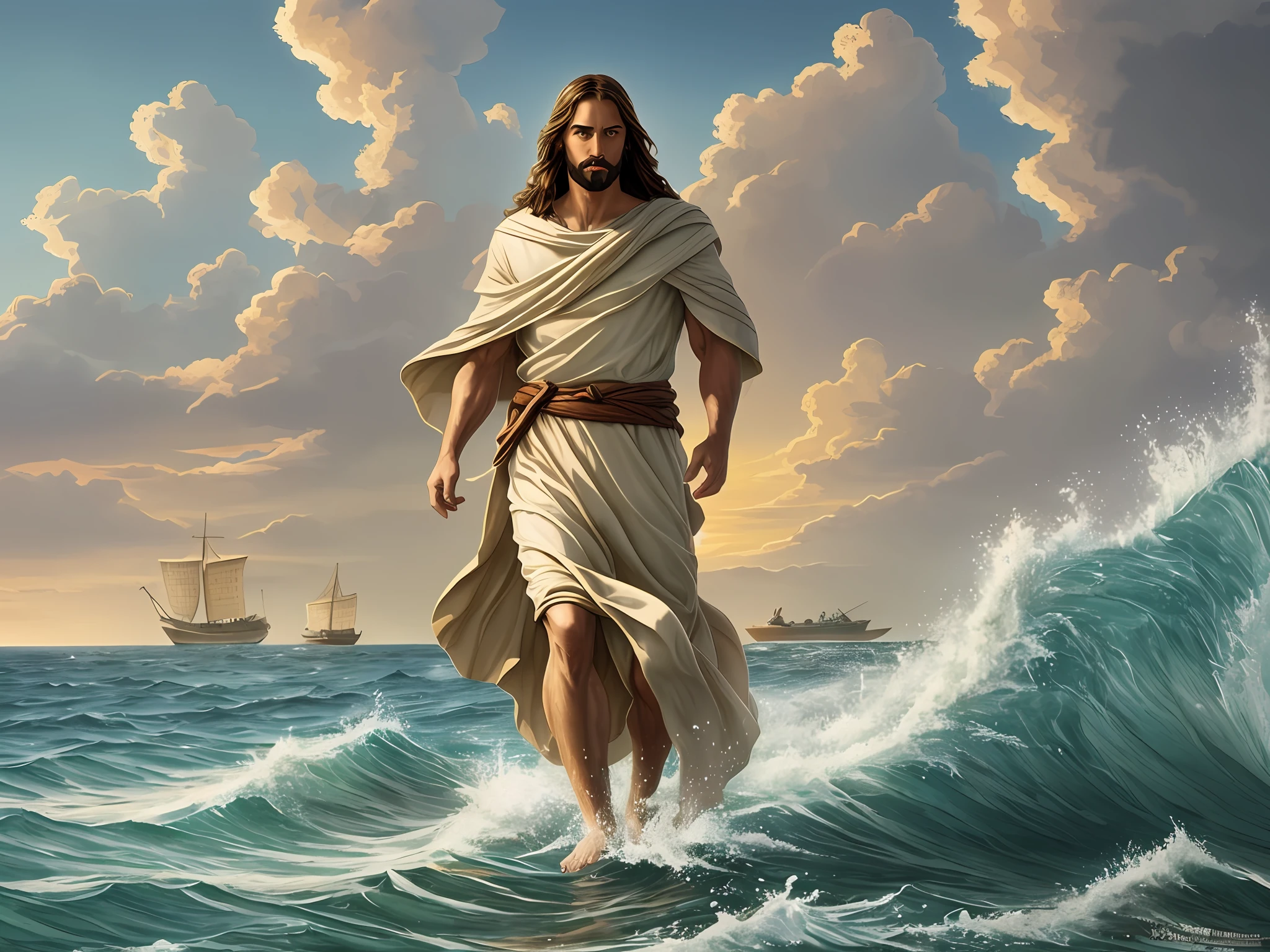 Jesus walking on water with a boat in the background, Jesus walking on water, biblical illustration, epic biblical representation, forcing him to flee, coming out of the ocean, ! holding in hand!, disembarking, god of the ocean, beautiful representation, - --auto --s2