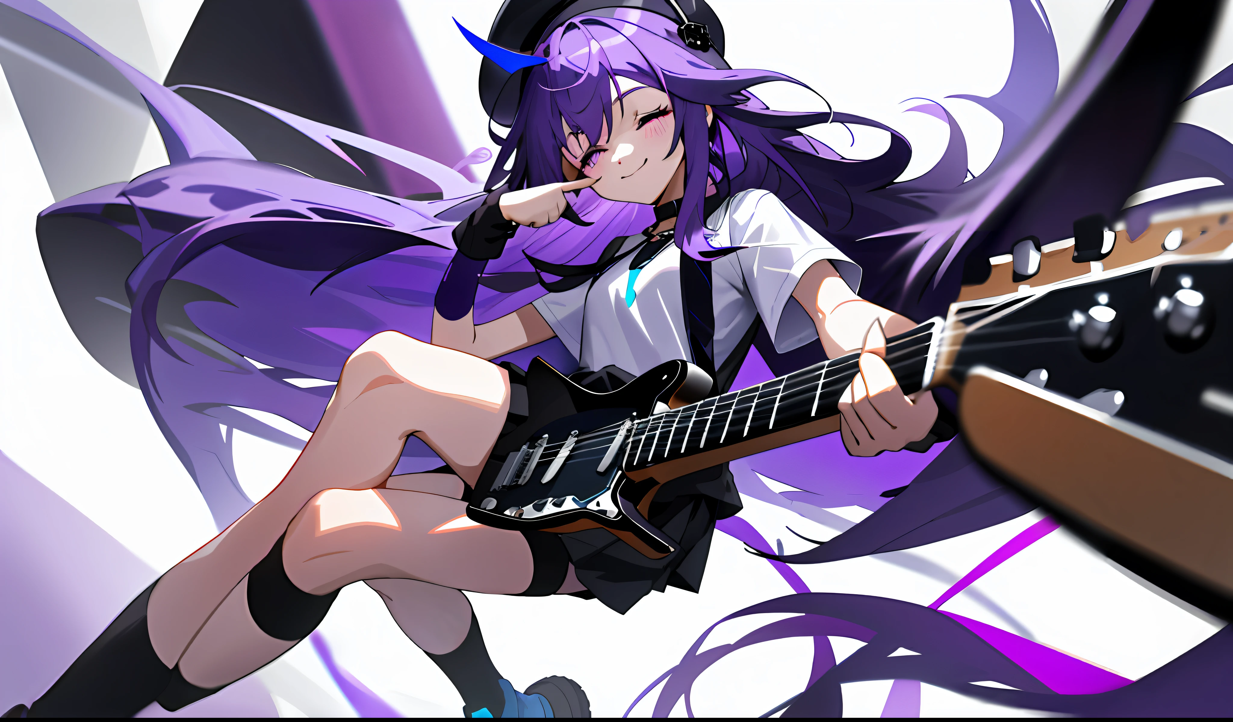 1 girl, black hat, light purple long hair, purple and white eyes, flat chest, white shirt, black sweater, short sleeves, black short skirt, over-the-knee socks, dark blue canvas shoes, blue and black guitar, black wristband, thumbs up, closed eyes and smile