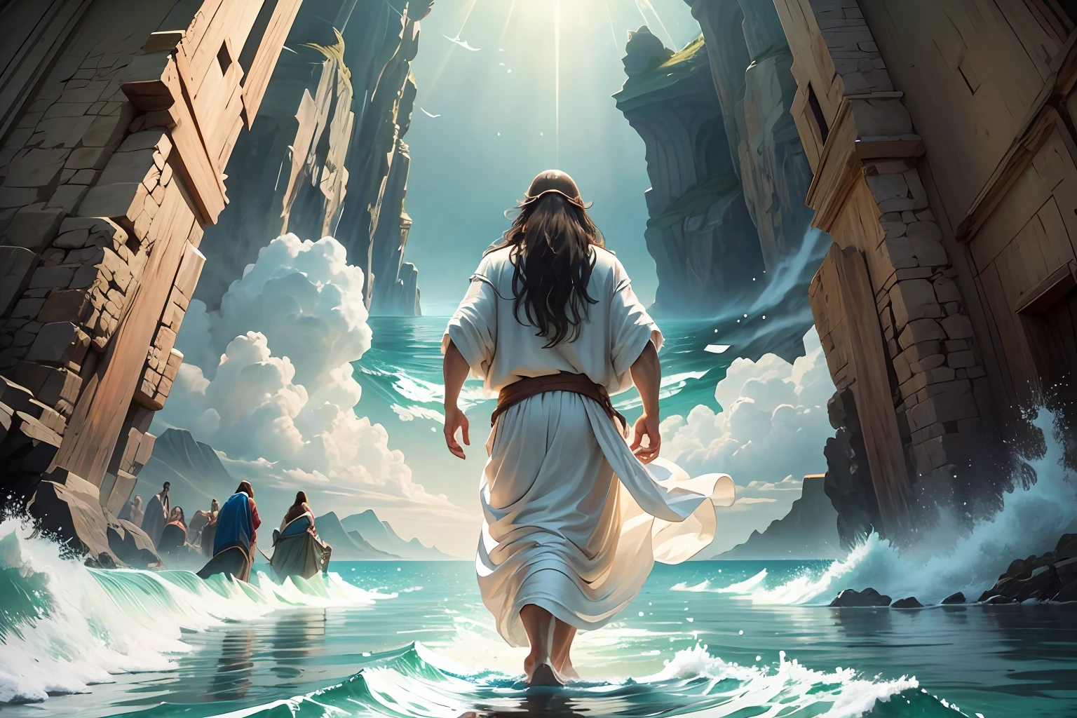 Jesus walking on water with a boat in the background, Jesus walking on water, biblical illustration, epic biblical representation, forcing him to flee, coming out of the ocean, ! holding in hand!, disembarking, god of the ocean, beautiful representation, --auto --s2