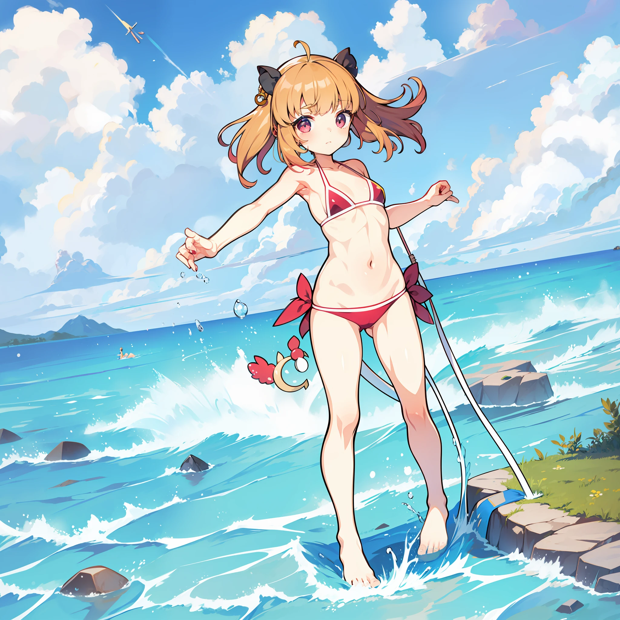 , bikini, barefoot, flat chest, urinary incontinence, urine,
