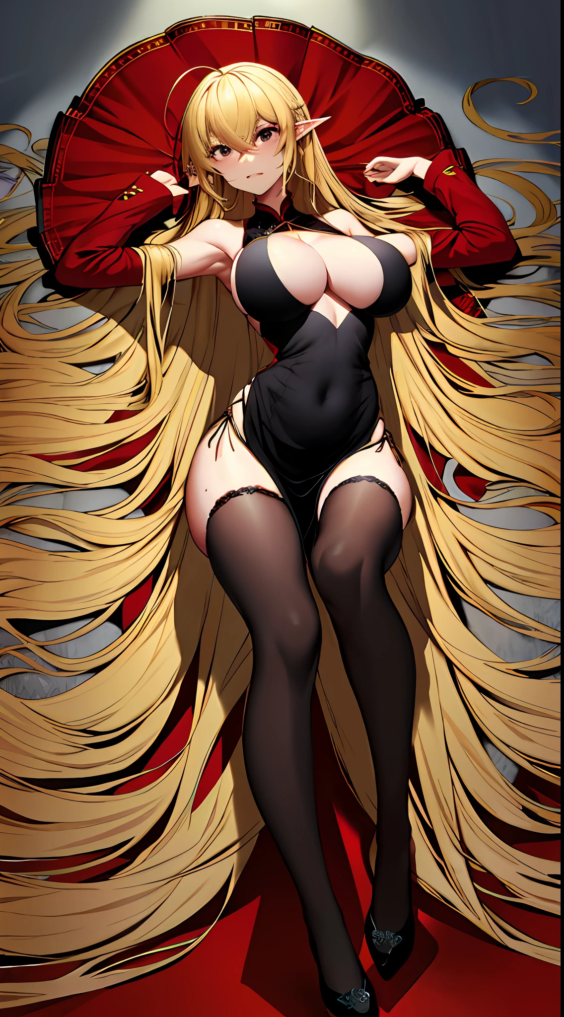 Two-dimensional, blonde girl, very long hair, elf, tall figure, big chest, cheongsam, black silk, high heels, thin waist, long legs, thin legs, bare shoulders, bare legs, bare chest, super clear, a lot of details, lying on her stomach, drenched, sweaty, red face