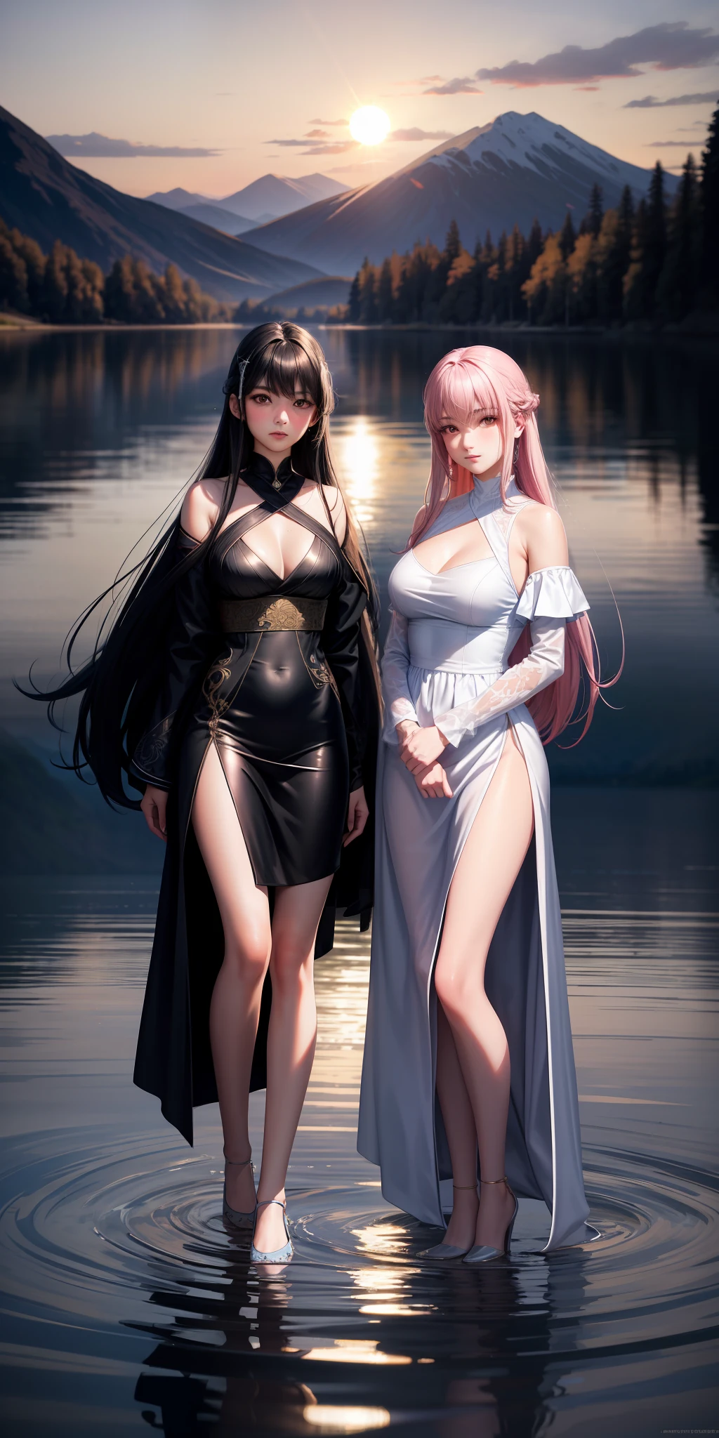 2 girls, serene expression, mesmerizing eyes, long straight hair, flowing dress, balanced posture, porcelain skin, subtle blush, (rim lighting): 1.2, warm tones, sun reflection, soft shadows, vibrant colors, pictorial effect, dreamy atmosphere BREAK scenic lake, distant mountains, willow, calm water, reflection, sunlit clouds, tranquil environment, idyllic sunset, ultra detailed, official art, unity 8k wallpaper, black hair, dress, red eyes, ninja, gothic, big breasts, neckline, slits, girl 1 (black hair), girl 2 (pink hair)