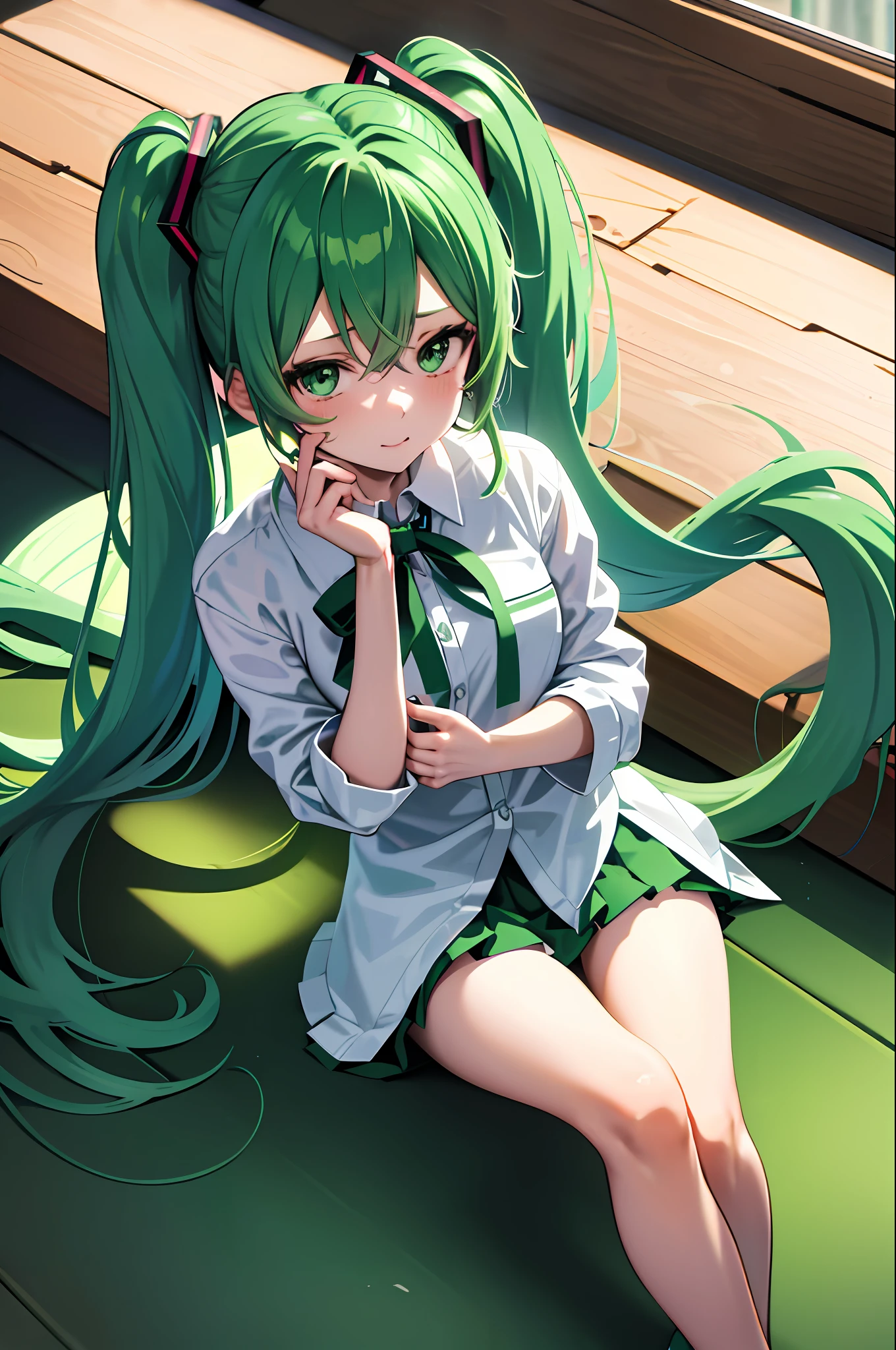 Hatsune Miku, woman sitting in a chair with green hair, real life anime girl, green twin-tailed hair and green eyes, princess cut, cute girl, cute cute girl, (((Midori)), Hatsune Miku