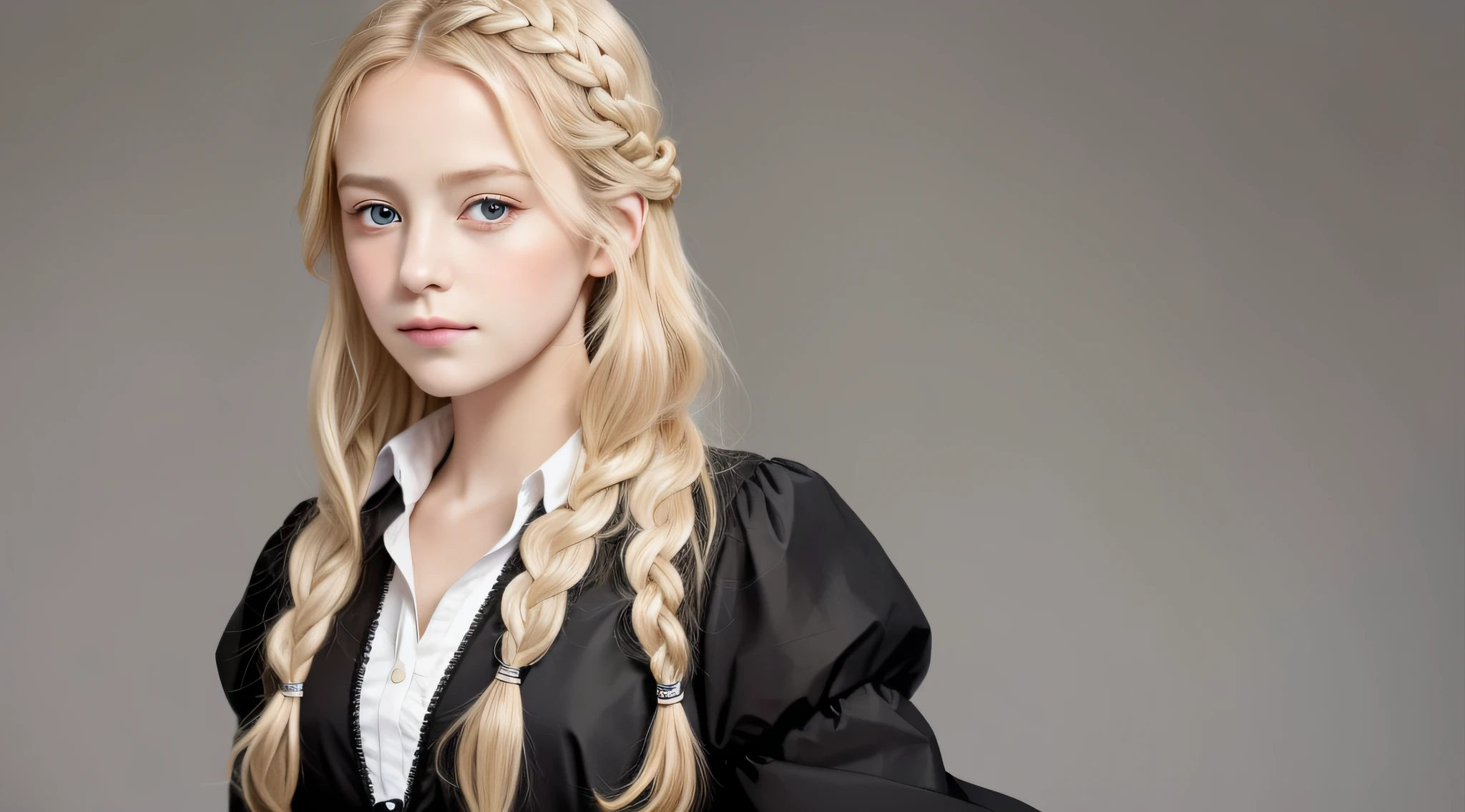 masterpiece, best quality, realistic, GERMAN child girl, BRAIDED BLONDE HAIR, long hair, broad shoulders, small head, upper body, (white background: 1.3), mouth closed.