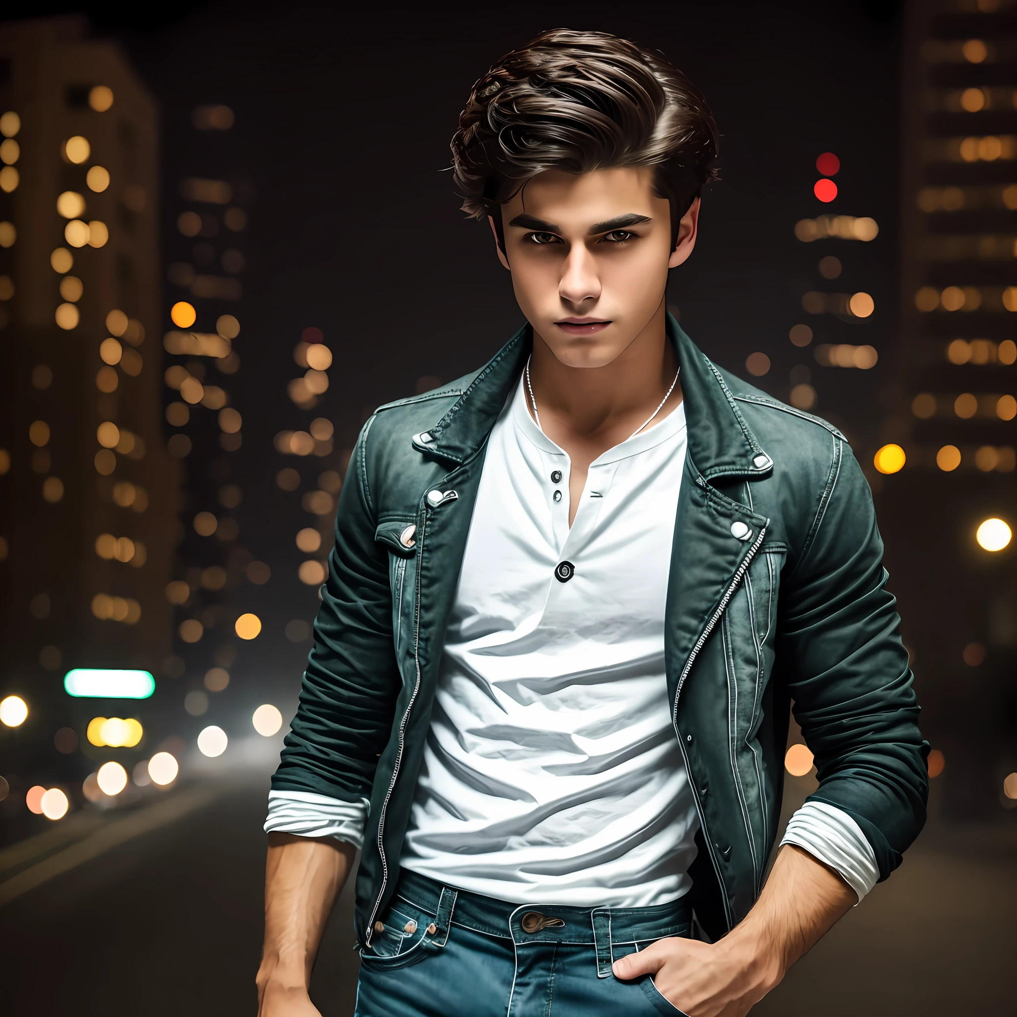Young American boy, dark brown hair with dark green eyes athletic with vampire fangs. Wearing slightly ripped jeans and white shirt with black jacket. Realistic, 4k, better picture, better quality. Background city at night with fog. --auto --s2