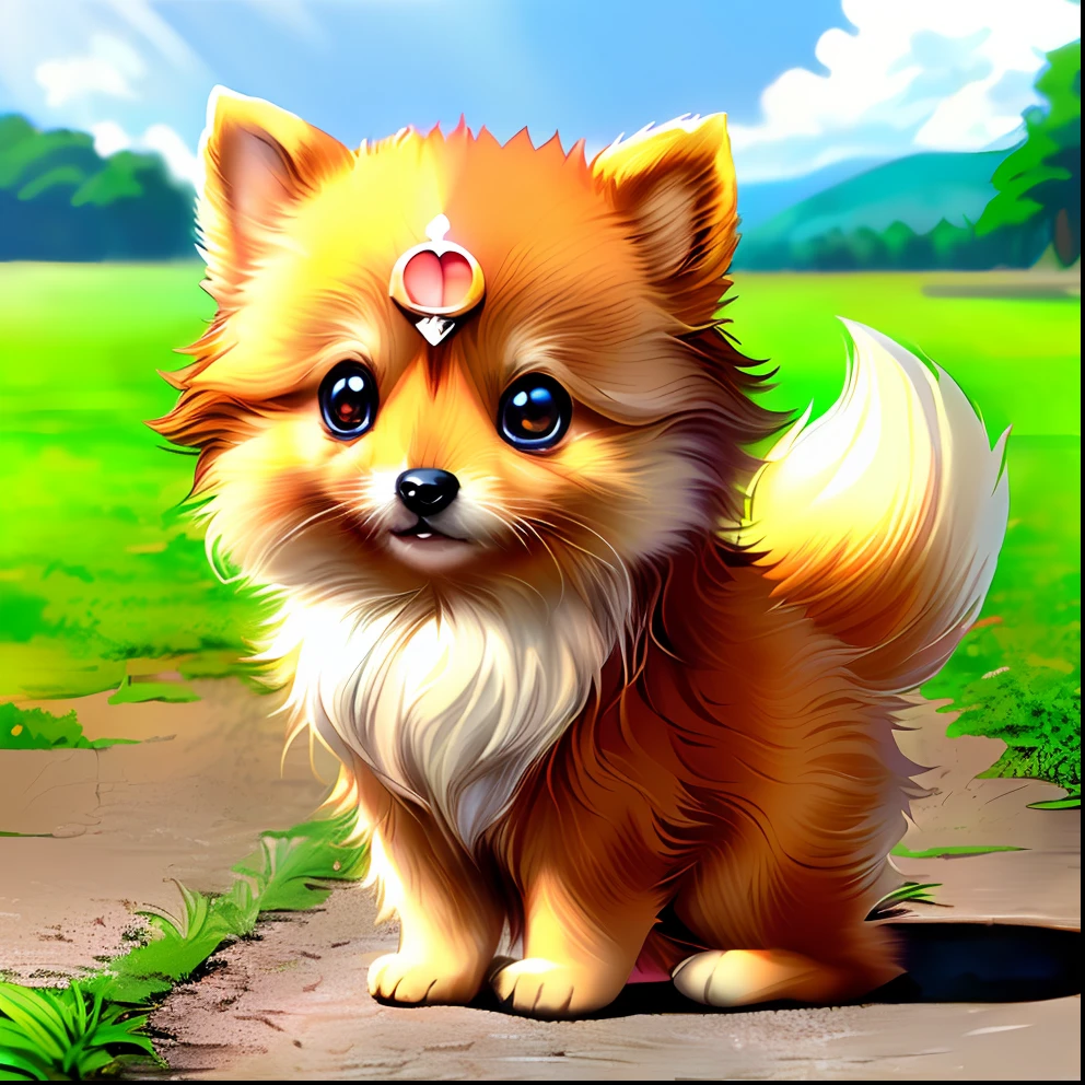 (2 girls:1.2) , 1 pomeranian puppy, cute, outdoors, god rays,  kawaii, slice of life, studio ghibli, (masterpiece:1.2), (best quality:1.2), Amazing, highly detailed, beautiful, finely detail, Depth of field, extremely detailed CG unity 8k wallpaper,