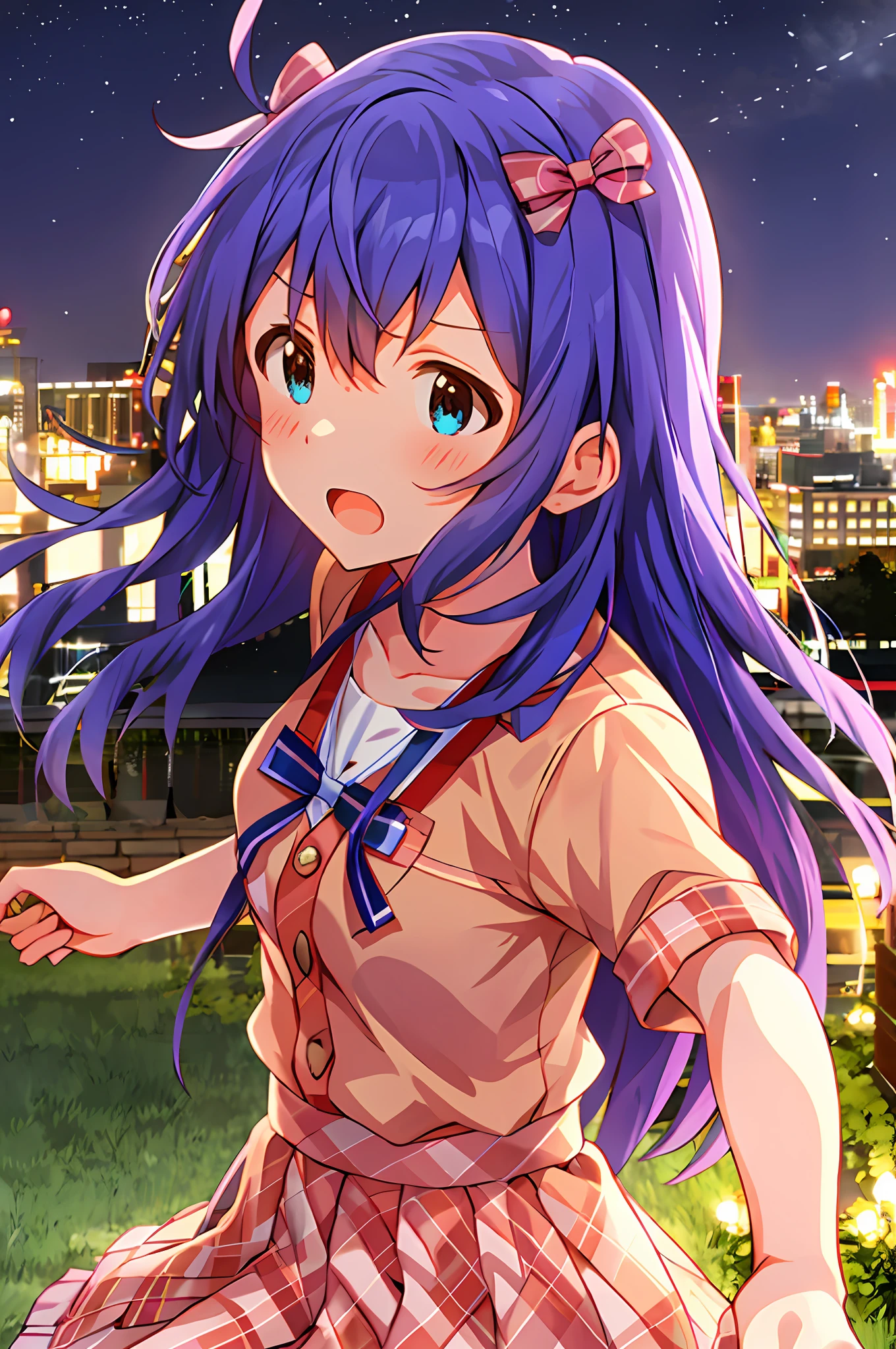 Anna Mochizuki (Million Live), (Top Quality, 8K, Masterpiece, Super Detail: 1.2), 1 Girl, Suspender Clothes.Skirt.Blushing, Clavicle, Bow, Ribbon, Blue Bow.Night.Night View.Outdoors.Fighting Stance.Despair Face.Open Mouth.
