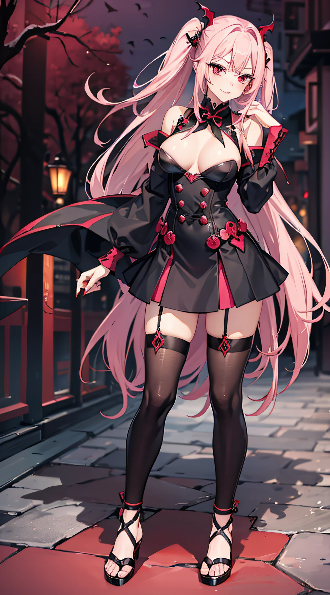 Sexy vampire pink hair, red eyes, fangs, sharp nails, blood on face, dressed Japanese high school clothes, anime style, full body image