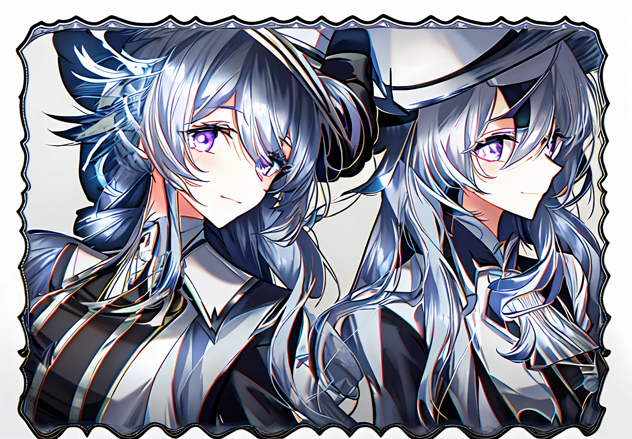 00:27:22
Coloring the line drawing, girl in top hat, black top hat with gray silk ribbon on hat, girl with silver hair, tied into a side low ball head, silver pupils, white shirt, shiny purple gemstones on chest