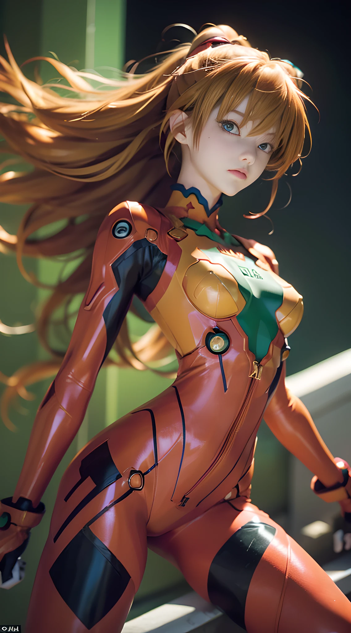 (Masterpiece: 1.21, Maximum Quality: 1.331, Photo Level), Evangelion, Asuka, Red Tights, Yellow Hair, Green Eyes, Delicate Face, (Dynamic Stance: 1.2), Relaxed Posture