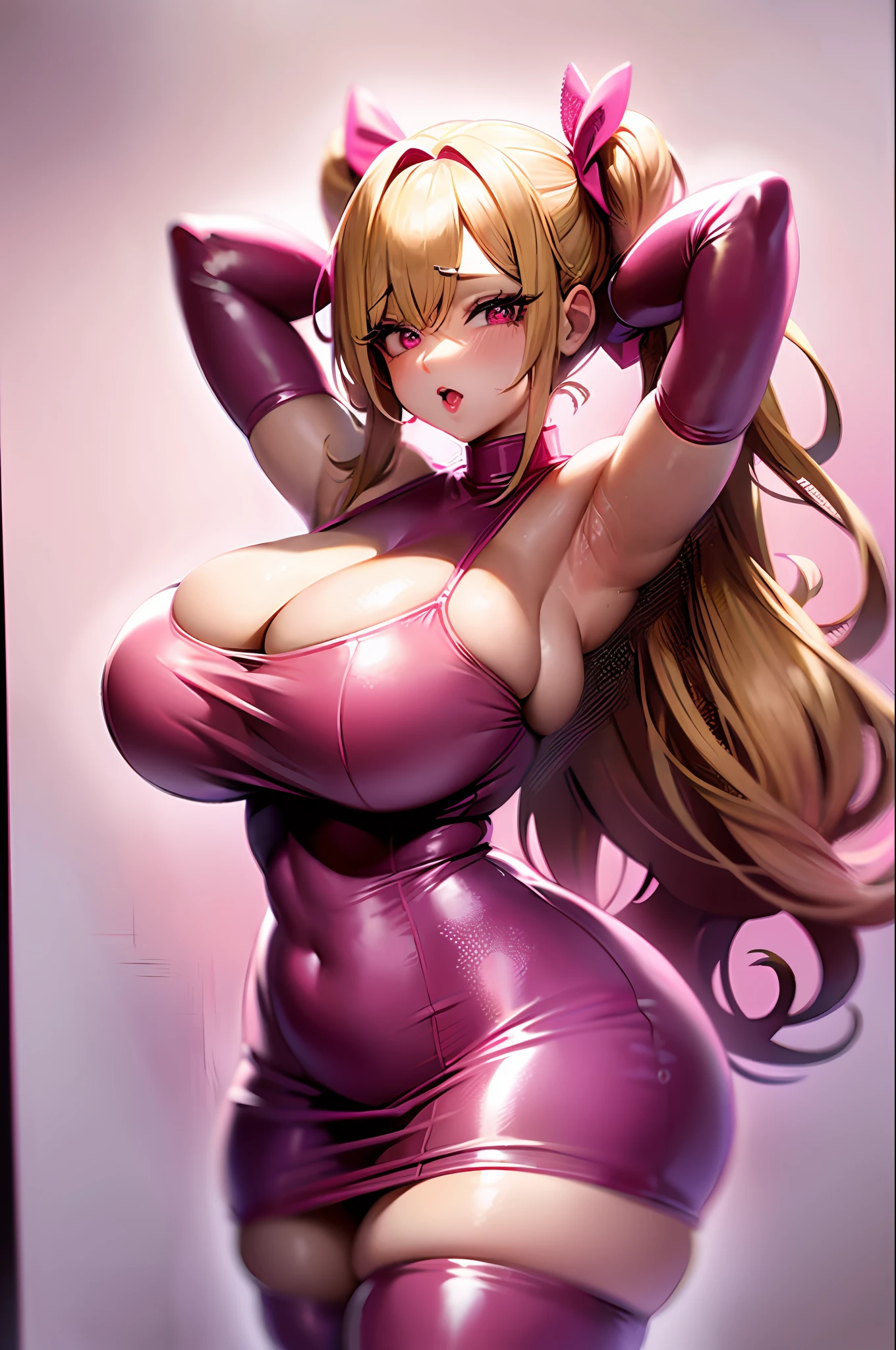 Adult Woman, Adult, with Blonde Pigtails with big pink hair bows wearing a very short pink dress that is skintight latex and shiny, huge boobs, Lots of cleaveage, very curvy, thigh highs, Curvy. Pink dress, Pink Environment, Bar, Skintight Club short dress, Pink Aesthetic, Pink Bow In her Hair. Horny, ahegao,