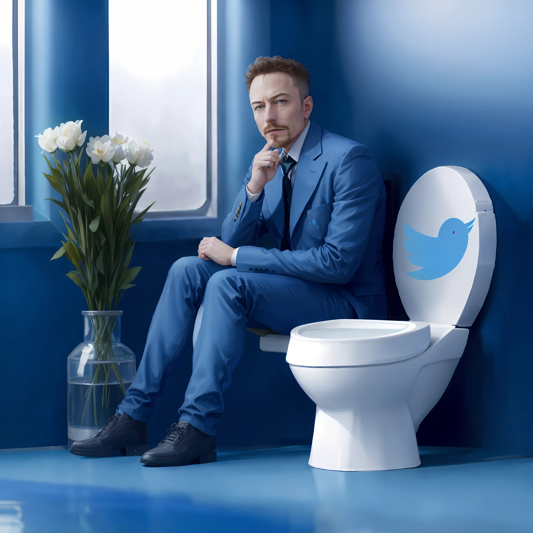 arafed Ellon Musk in a blue suit sitting on a toilet with a twitter logo on the tank, elon musk as joker, elon musk as a greek god, elon musk as a musketeer, elon musk in fortnite, trending on twitter, elon musk, viral on twitter, elon musk as thor, twitter, black elon musk, gaming chair as a toilet, gaming toilet