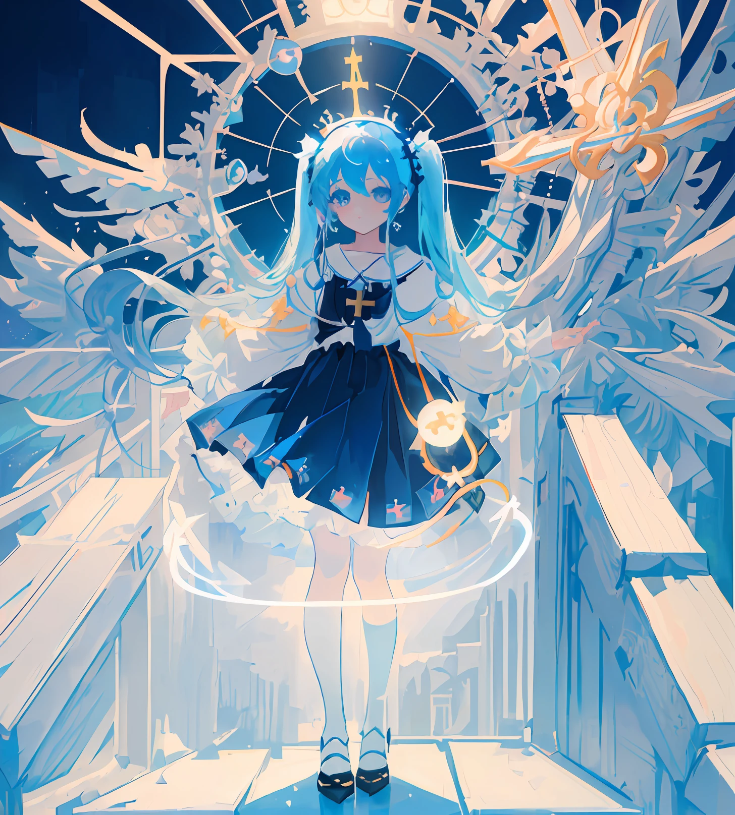 (((masterpiece))),(((bestquality))),((ultra-detailed)),(illustration),((anextremelydelicateandbeautiful)),dynamicangle,floating,(beautifuldetailedeyes),(detailedlight) (1girl), solo, floating_hair,glowingeyes,lightblue hair,blueeyes, twintails, halterdress, atdan, light blue background,light blue Christian monument background,white pantyhose, cross necklace, smile (anime style), beautiful and detailed face, (Cute face: 1.3), (Big eyes: 1.3), (Priest girl), Detail, (Magic effect: 1.3), (Flowing skirt: 1.2), (Clear heels: 1.1), (Clear cloth: 1.2)