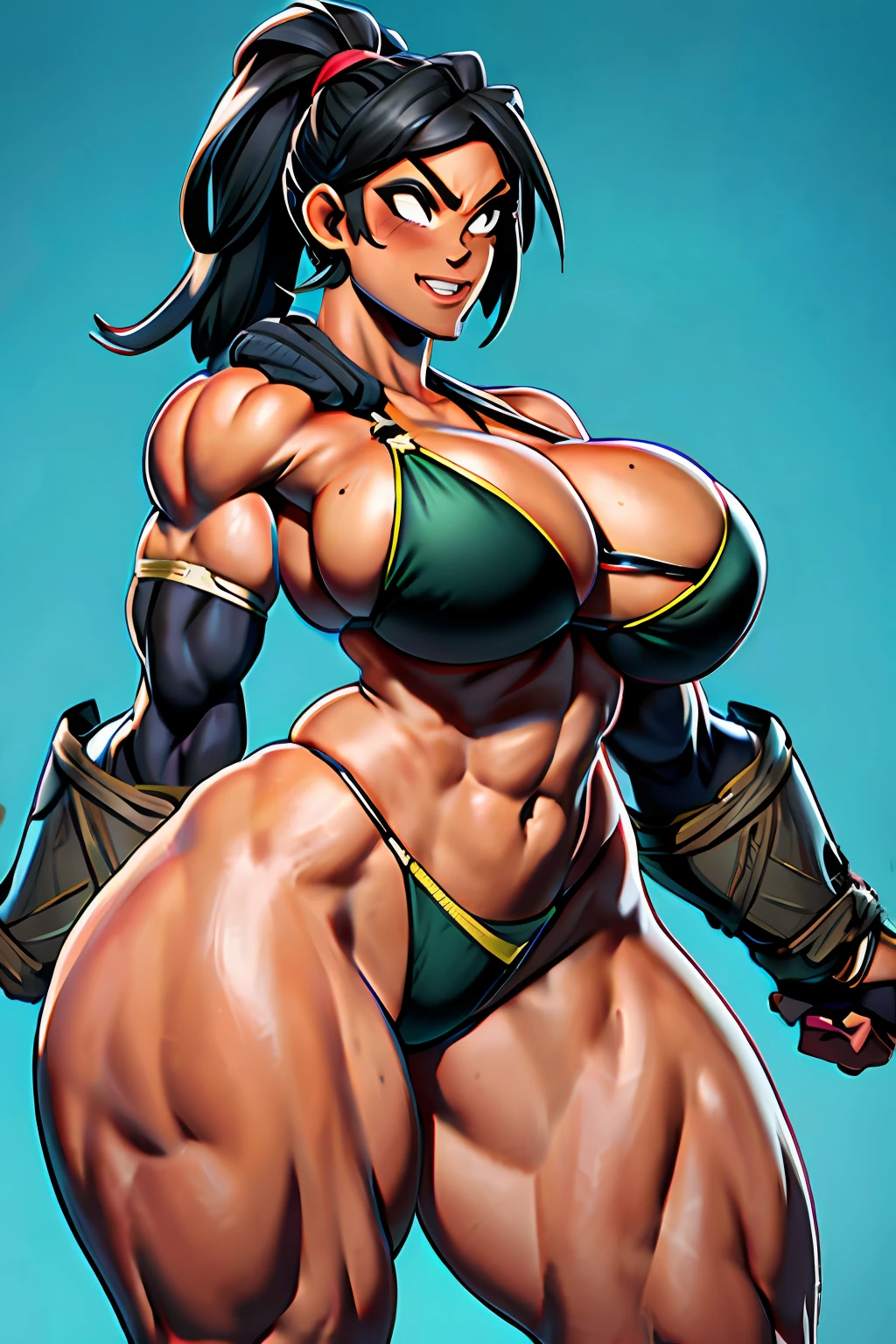 Bikini warrior, huge breasts, narrow waist, thick thighs, funny