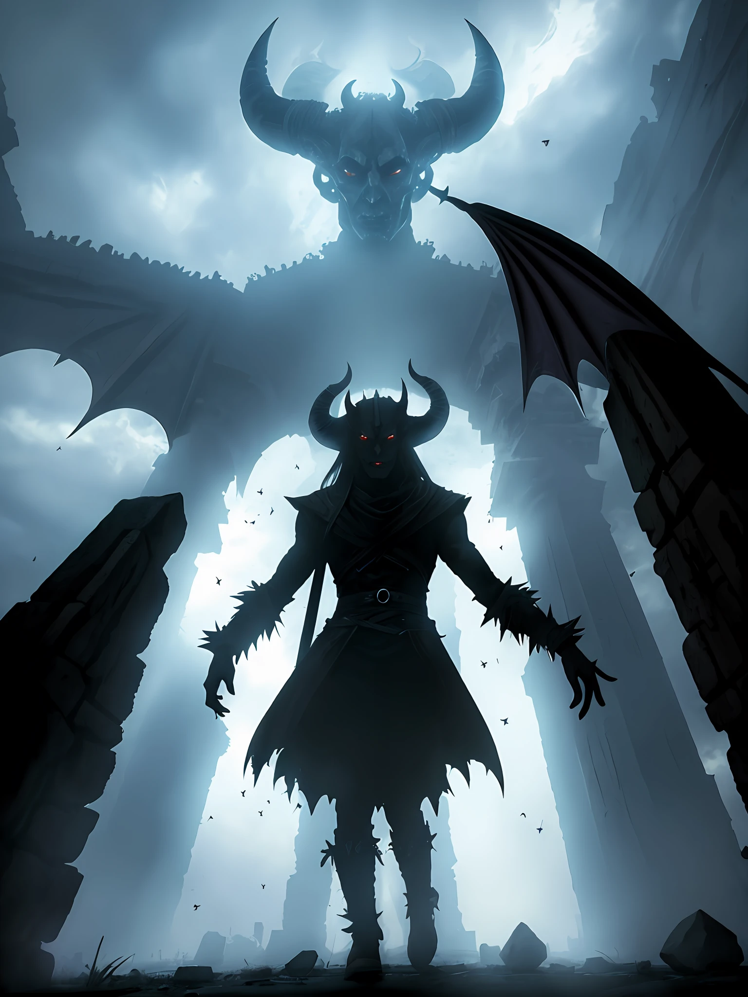 (demon:1.5),(human:0.5),"white and black",("rpg"),("fantasy world"),("magic powers"),("ancient ruins"),("ominous atmosphere"),("silhouette"),(spectral).
