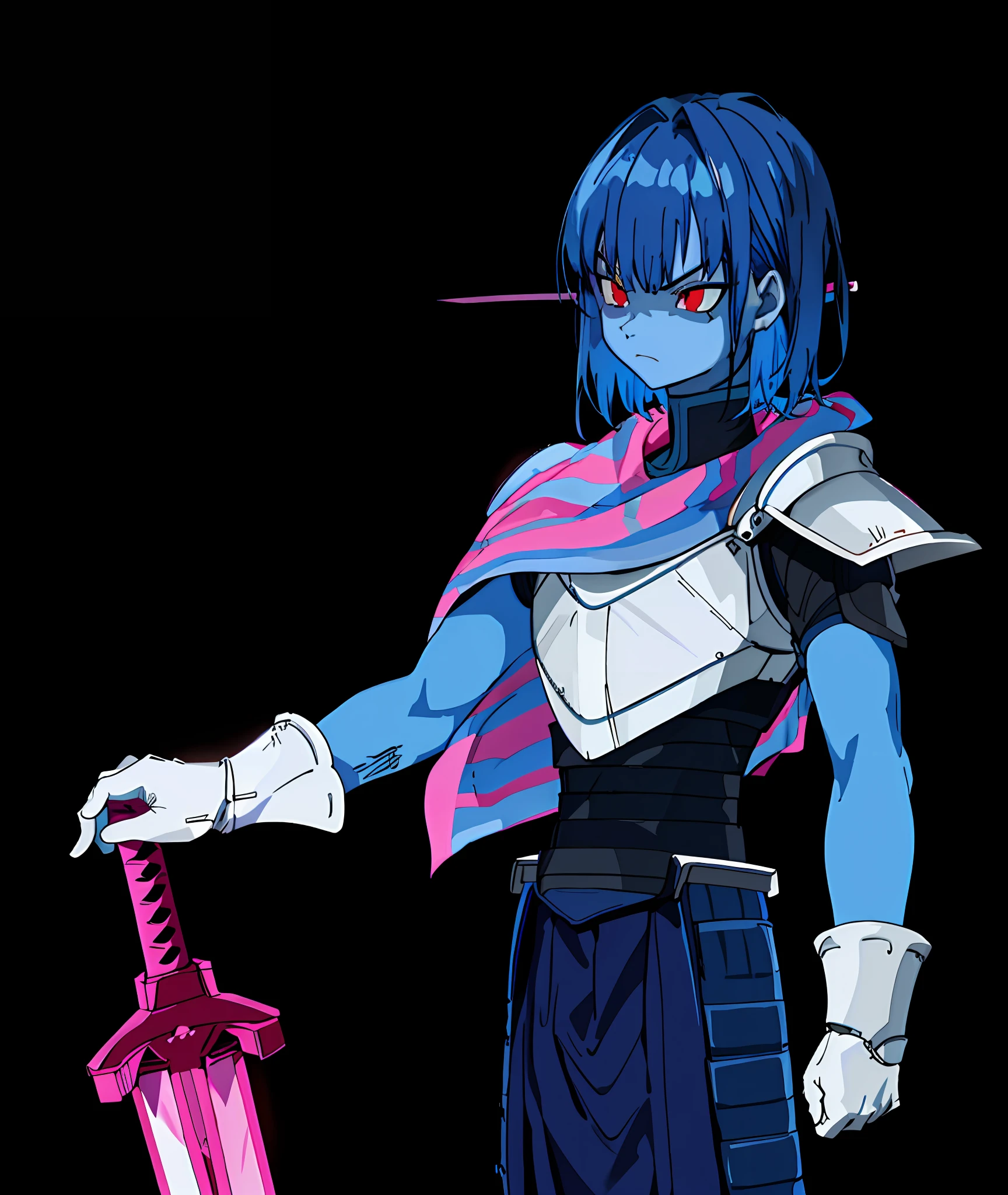 dark blue hair, blue skin, pink striped cloth, armor, sword, red eyes, serious face, hd, highres