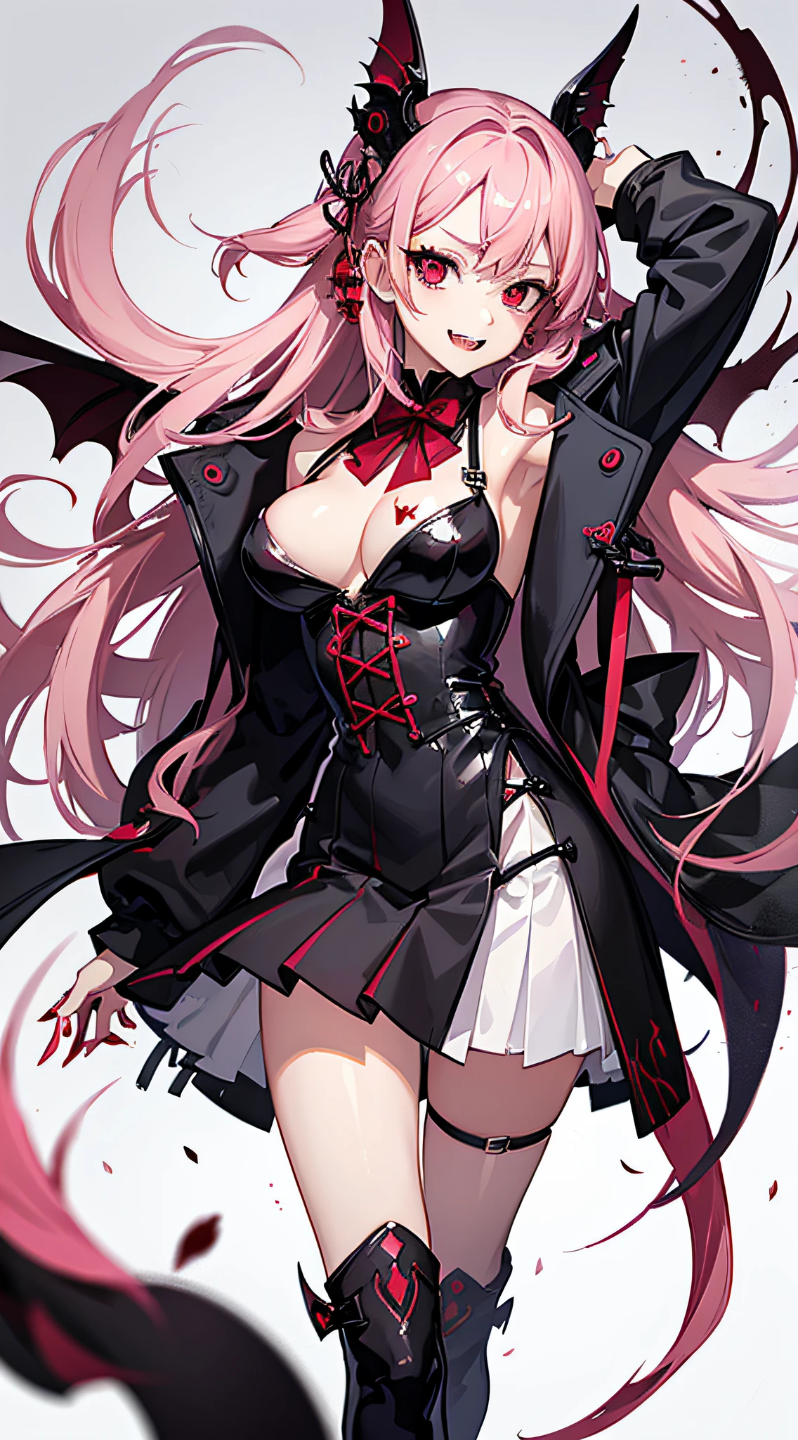 Sexy vampire pink hair, red eyes, fangs, sharp nails, blood on face, dressed Japanese high school clothes, anime style, full body image