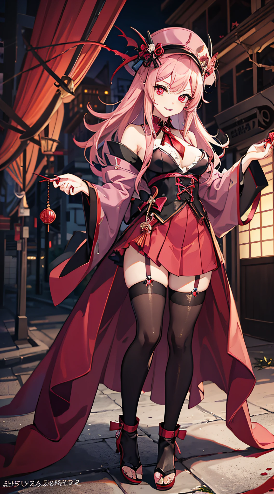 Sexy vampire pink hair, red eyes, fangs, sharp nails, blood on face, dressed Japanese high school clothes, anime style, full body image