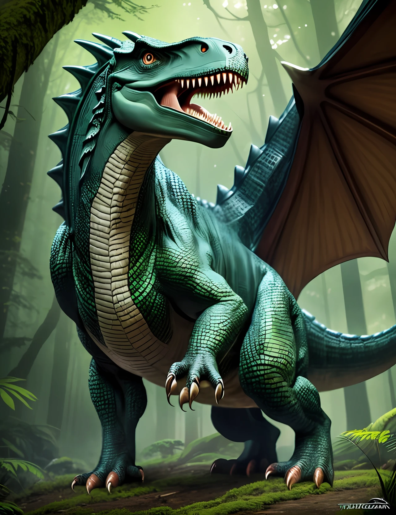 full body, detailed and detailed dinosaur dragon raptor against the backdrop of a giant forest in the Mesozoic era, light scattered into heavy clouds, scales green detailed eyes of a reptile, ferocious character, open mouth giant teeth, relief body large muscles and developed muscles of a predator, high resolution, clear focus, tranding on artstation, hyperphotorealism, style naturalism --auto --s2