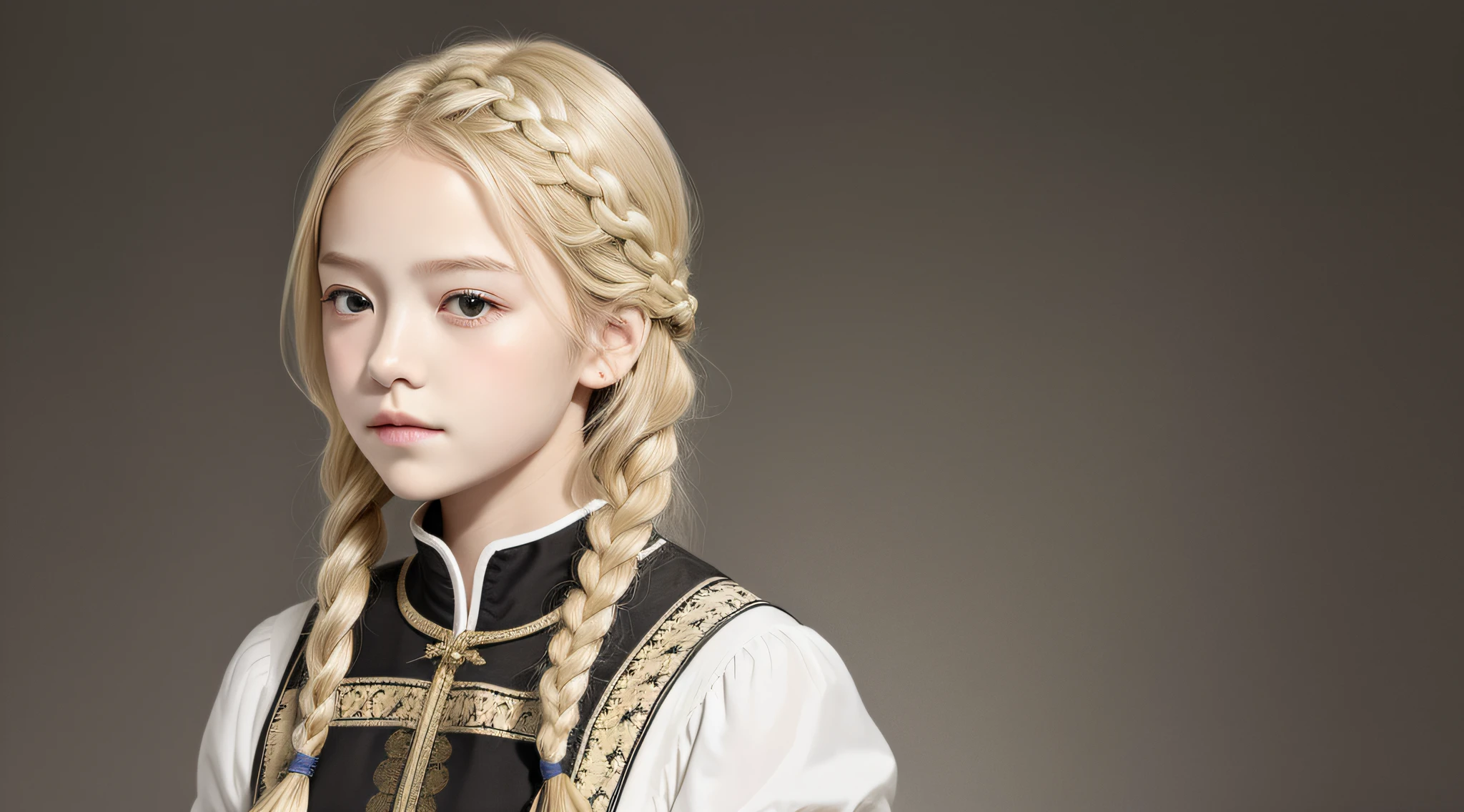 masterpiece, best quality, realistic, girl child 8 years old, blonde hair braids , long hair, broad shoulders, small head, upper body, (white background: 1.3), mouth closed.