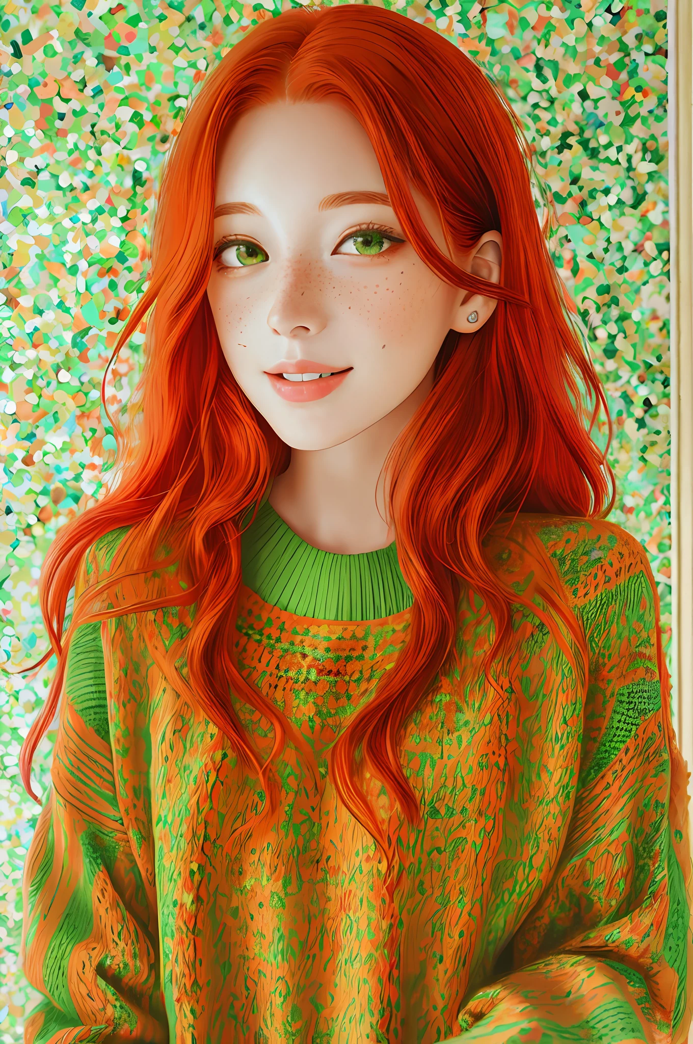 Arafed woman with red hair and green eyes, beautiful and charming smile, wearing a sweater, colorful portrait, detailed color portrait, soft portrait shot 8 k, red head, 4k color photography portrait, with red hair, portrait of a girl with red hair, a young redhead, soft red hair, orange hair, young woman with red hair, red hair and freckles, High quality portrait