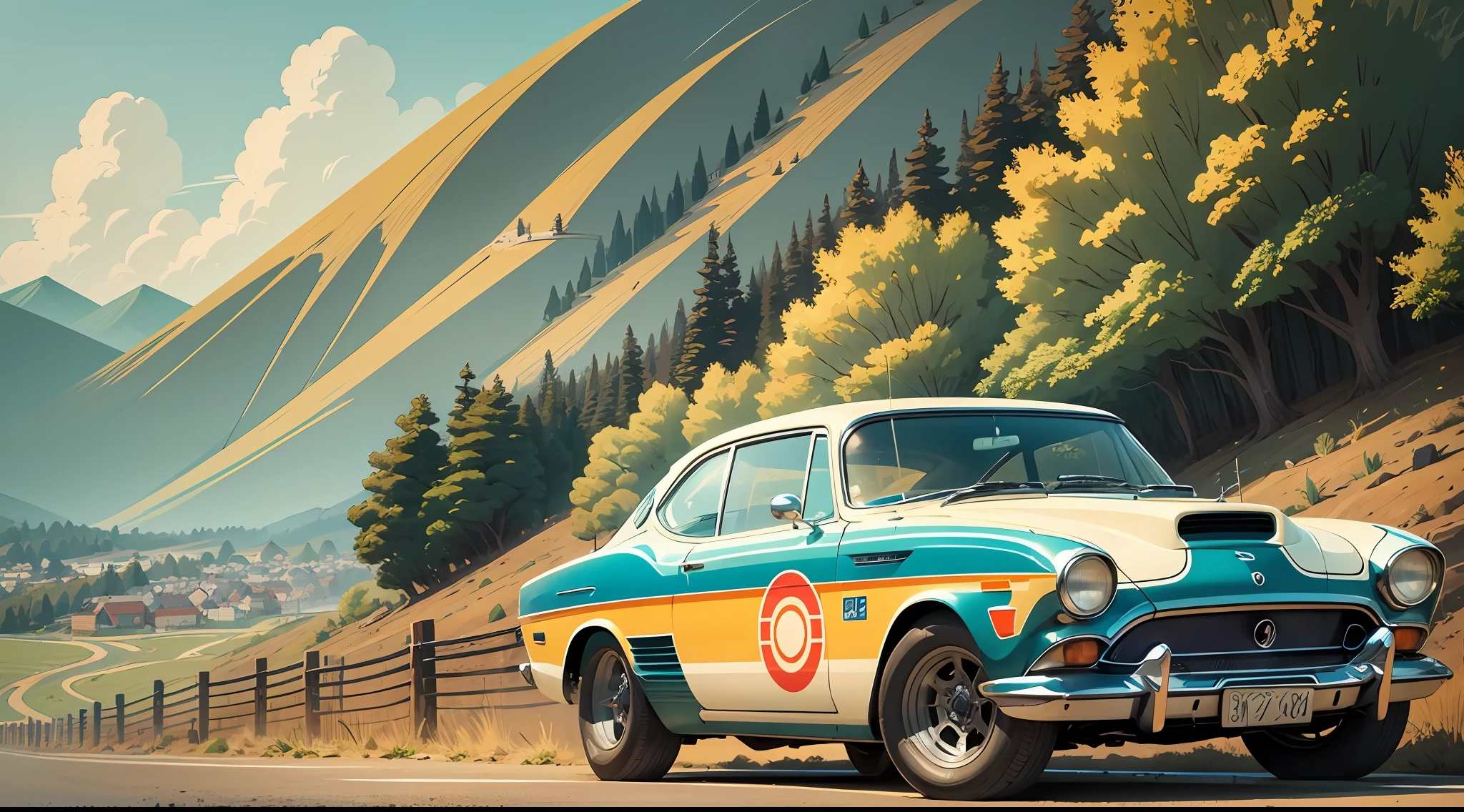 T-shirt design, genshin impact graphic, vector, a vintage car with a scenic landscape in the background, detailed illustration, and retro style --auto --s2
