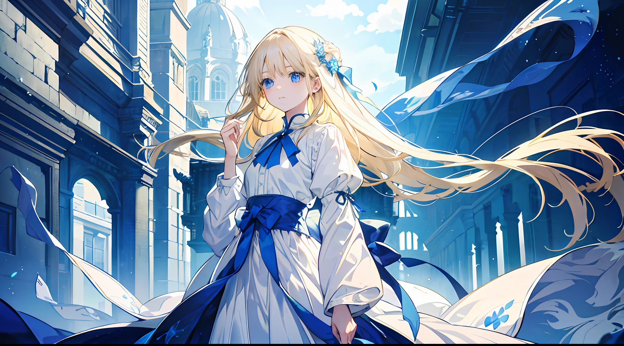 A little girl, beautiful, otherworldly, elegant, full body, long blonde hair, simple dress, white and blue long dress, western medieval town, square, gentle, extreme details