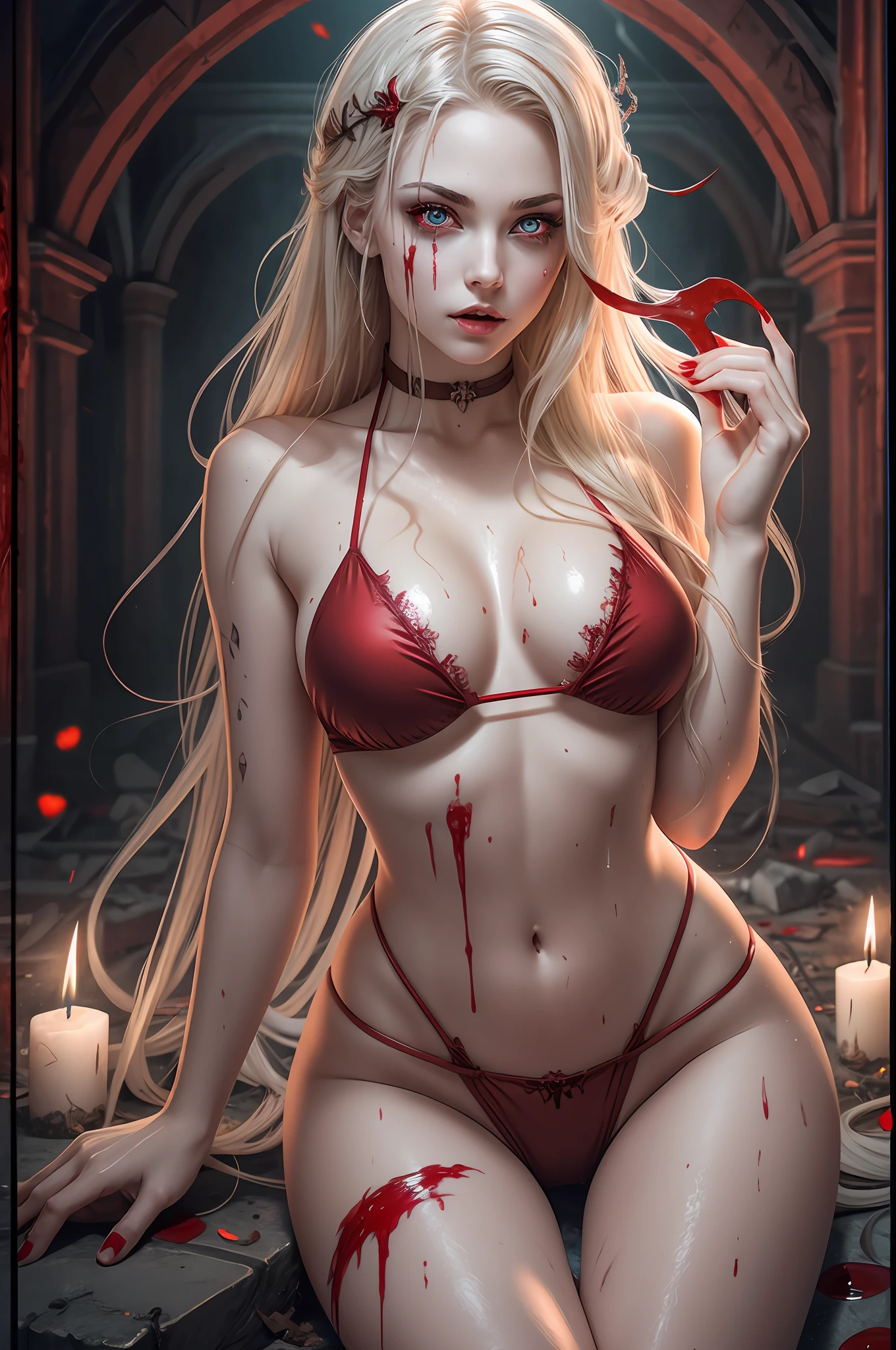a sexy vampire wearing a red bikini, stained with blood, staring at the viewer crying tears of blood, and small wounds on her face, whole body, lying legs open in a grave, wet body, wet clothes, flowing blonde hair, menacing look and fangs, gleaming vampire wings, blood staining her pale face, big, sharp nails ready to attack, in a dark abandoned church, with a few candles lighting up, with intensely mesmerizing red eyes --auto --s2