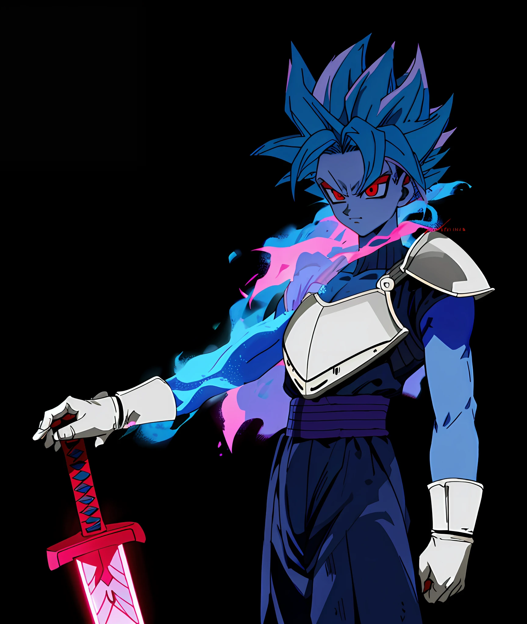 super saiyan, dark blue hair, blue skin, pink striped cloth, armor, sword, red eyes, serious face, hd, highres