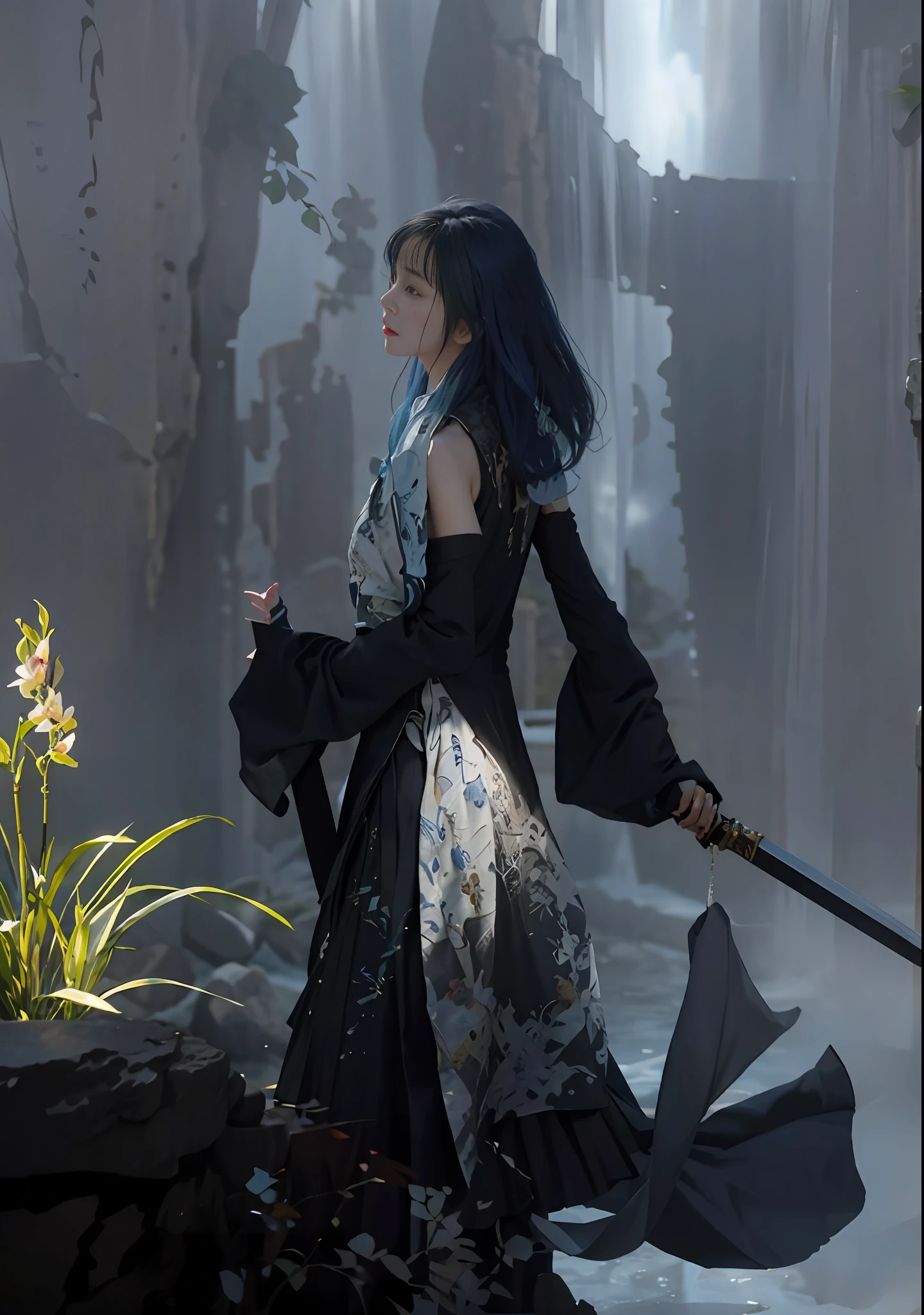 Original photo, best quality, masterpiece, super high resolution, (realistic: 1.4), anime poster, long sword case in left hand, long sword in right hand, two hands, wearing kung fu master cloth, back to the audience, (shoulders exposed: 1.4), blue hair blown by the wind, skirt blown by the wind, waves, waterfall background, orchids growing on close-up stone mountains, traditional Chinese ink style, girl dragon slayer, the main colors are white and black ink, dynamic movement, dynamic pose, movement, whole body: 1 Oil painting environmental art in film amazing vectors, diorama, intricate details, solo, dress, floating_hair
