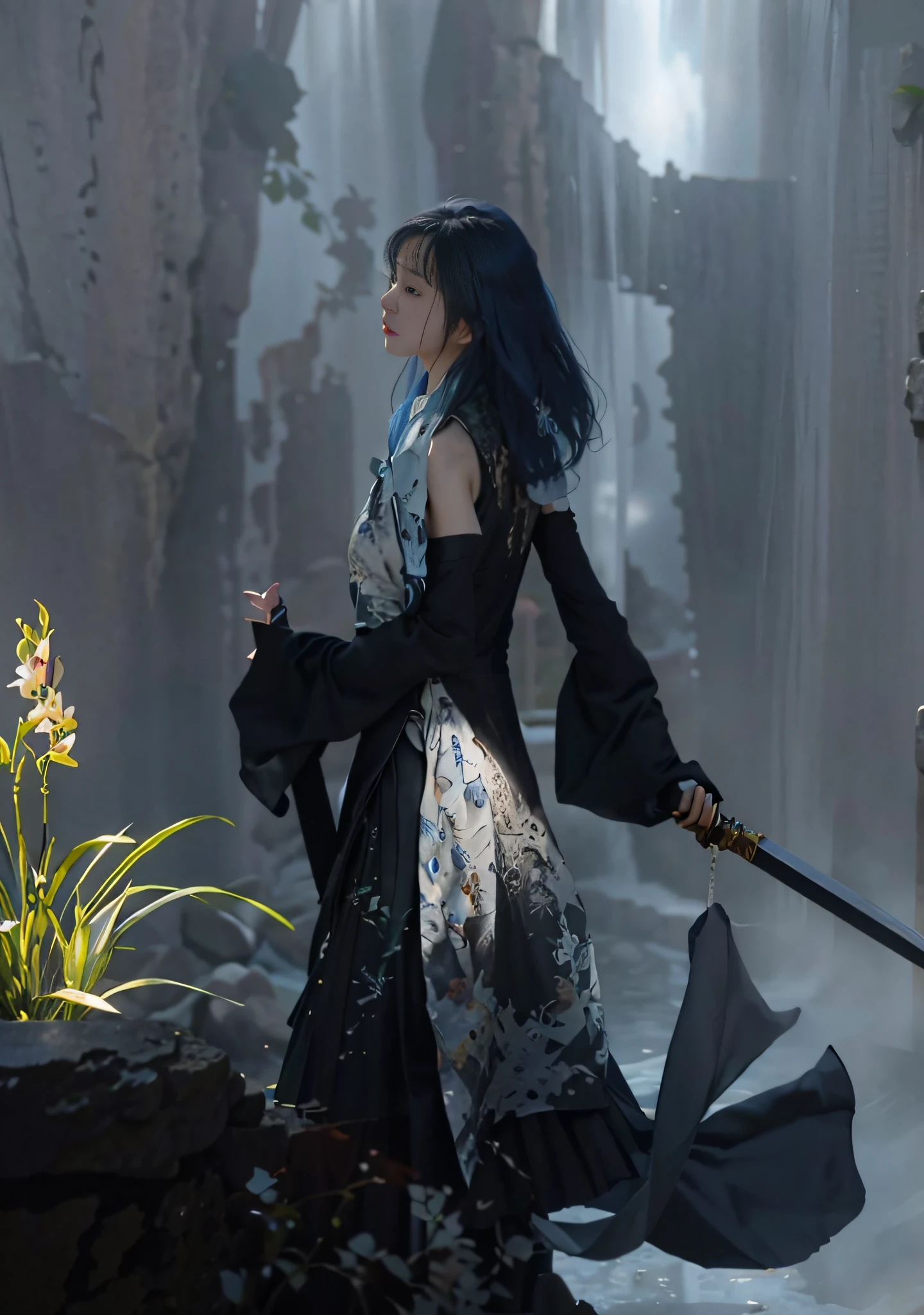 Original photo, best quality, masterpiece, super high resolution, (realistic: 1.4), anime poster, long sword case in left hand, long sword in right hand, two hands, wearing kung fu master cloth, back to the audience, (shoulders exposed: 1.4), blue hair blown by the wind, skirt blown by the wind, waves, waterfall background, orchids growing on close-up stone mountains, traditional Chinese ink style, girl dragon slayer, the main colors are white and black ink, dynamic movement, dynamic pose, movement, whole body: 1 Oil painting environmental art in film amazing vectors, diorama, intricate details, solo, dress, floating_hair