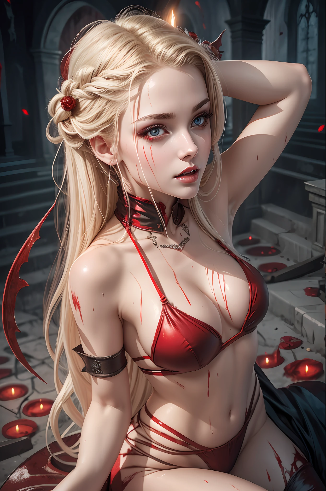 a sexy vampire wearing a red bikini, stained with blood, staring at the viewer crying tears of blood, and small wounds on her face, whole body, lying legs open in a grave, wet body, wet clothes, flowing blonde hair, menacing look and fangs, gleaming vampire wings, blood staining her pale face, big, sharp nails ready to attack,  in a dark abandoned church, with a few candles lighting up, with intensely mesmerizing red eyes --auto --s2