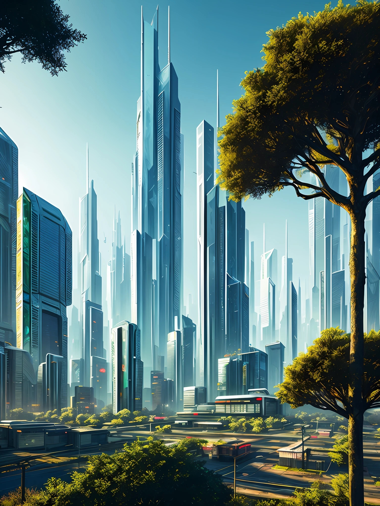 Cyberpunk landscape: several buildings around a tree