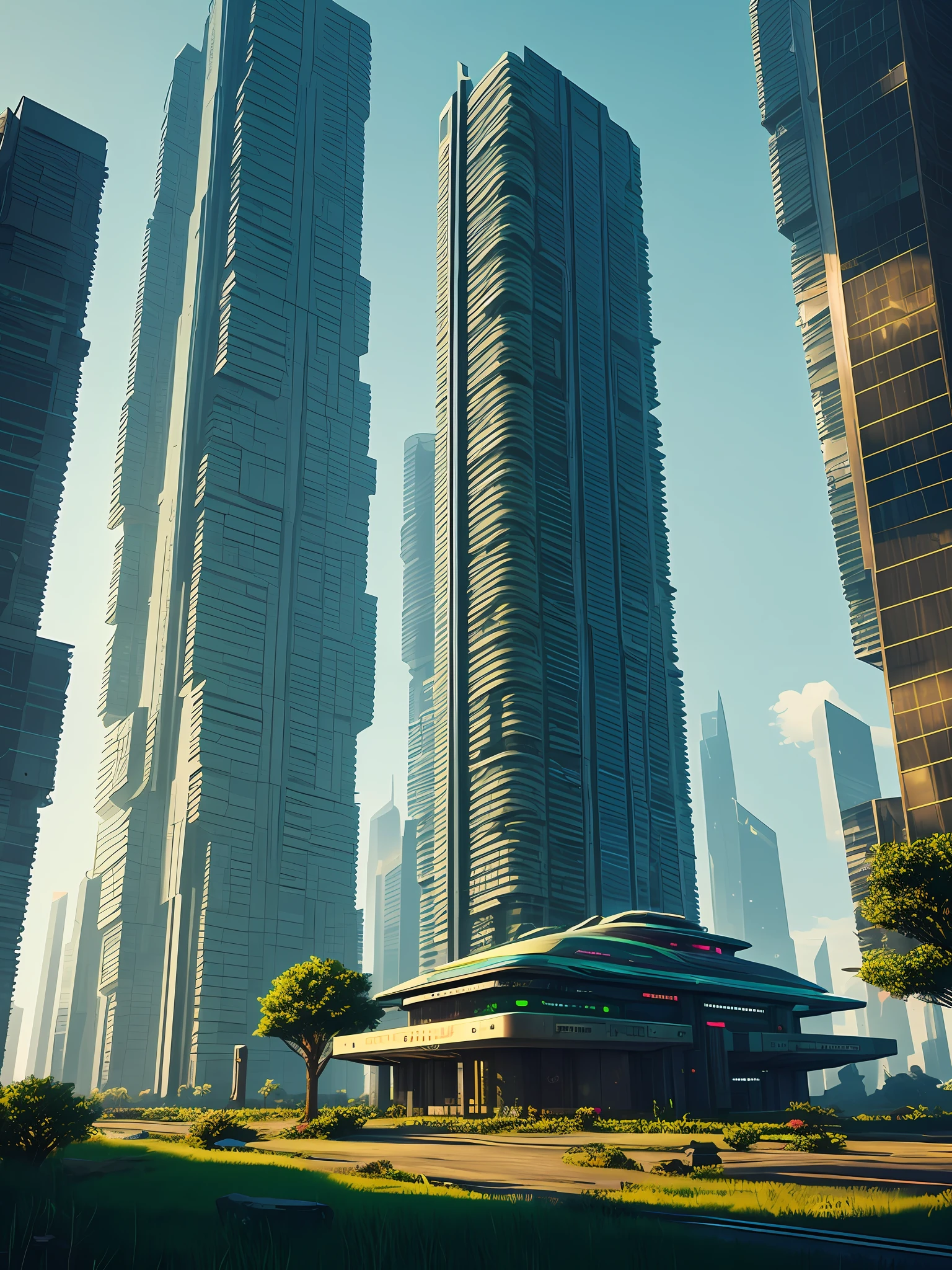 Cyberpunk landscape: several buildings around a tree