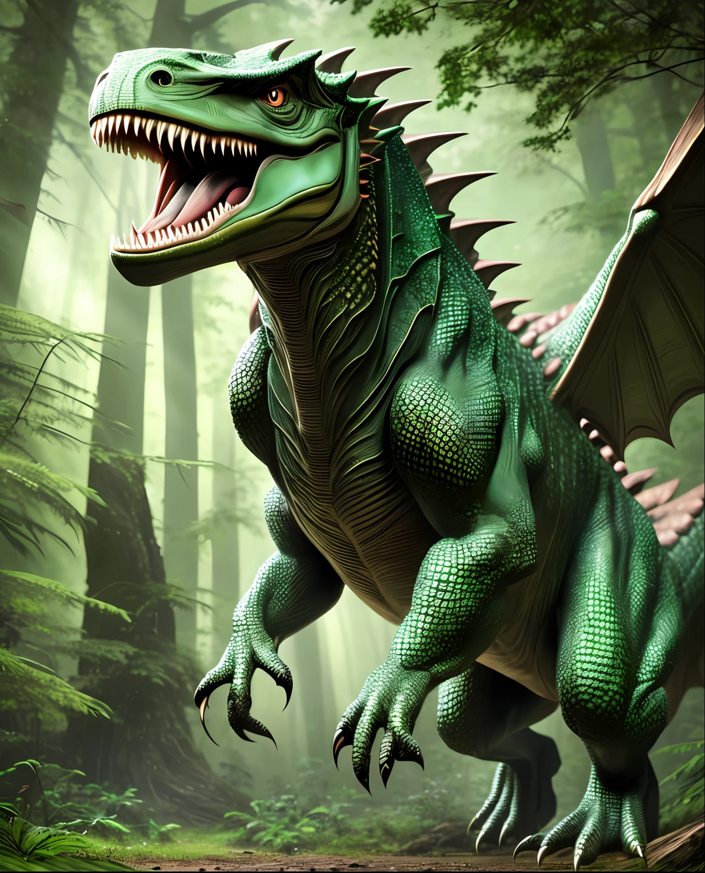 full body, detailed and detailed dinosaur dragon raptor against the backdrop of a giant forest in the Mesozoic era, light scattered into heavy clouds, scales green detailed eyes of a reptile, ferocious character, open mouth giant teeth, relief body large muscles and developed muscles of a predator, high resolution, clear  focus, tranding on artstation, hyperphotorealism, style naturalism --auto --s2