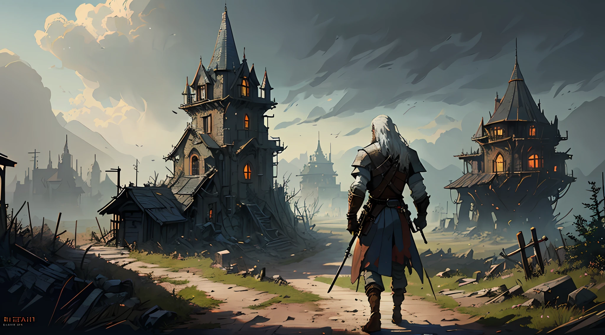 (8k unit wallpaper CG extremely detailed, masterpiece, best quality, ultra-detailed), (((solo)))), (wide shot), geralt the wizard following the road looking at a small medieval town abandoned in the distance, dense atmosphere of suspense, (full body), (back view), (high detail), (intricate details), intricate, incredible high details, highly detailed environment, illustrator, (masterpiece), art by Greg Rutkowski.