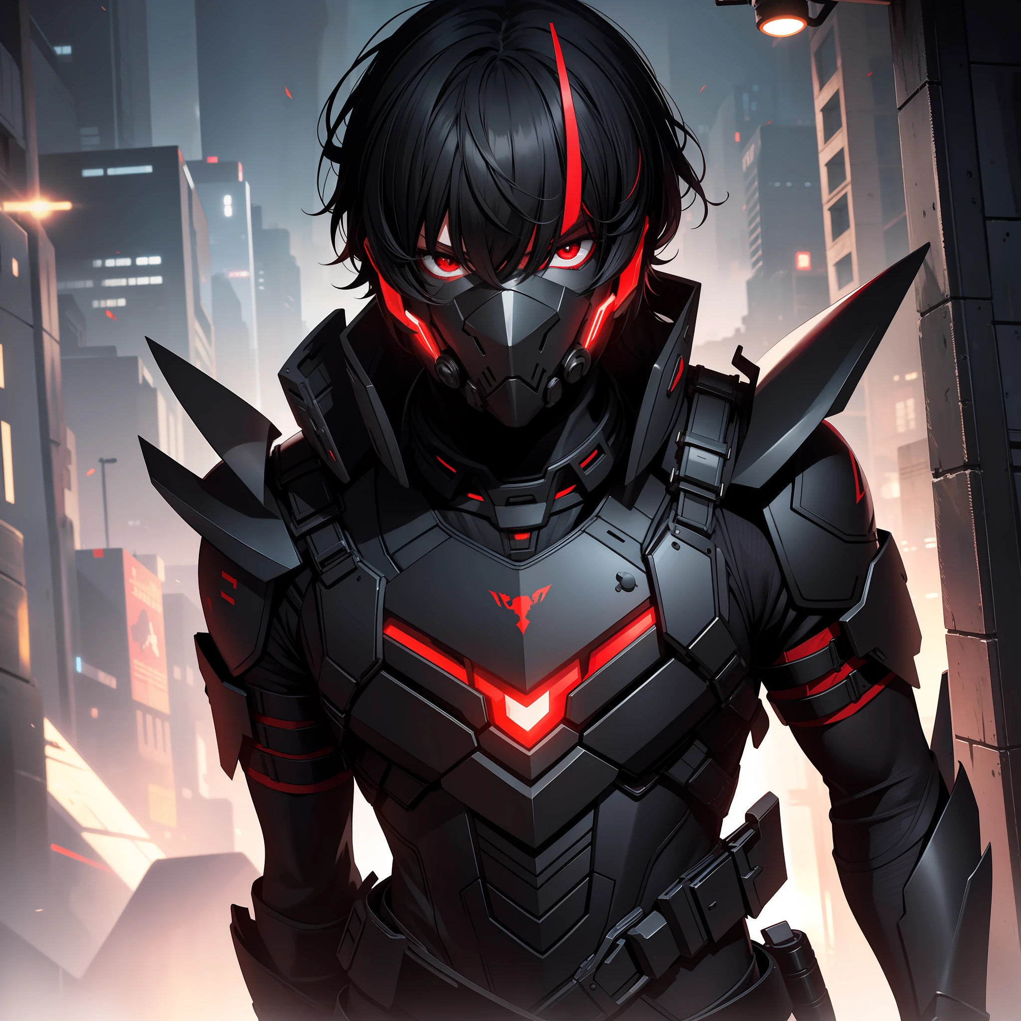 solo male, black armor, science fiction, black hair, red eyes, mask