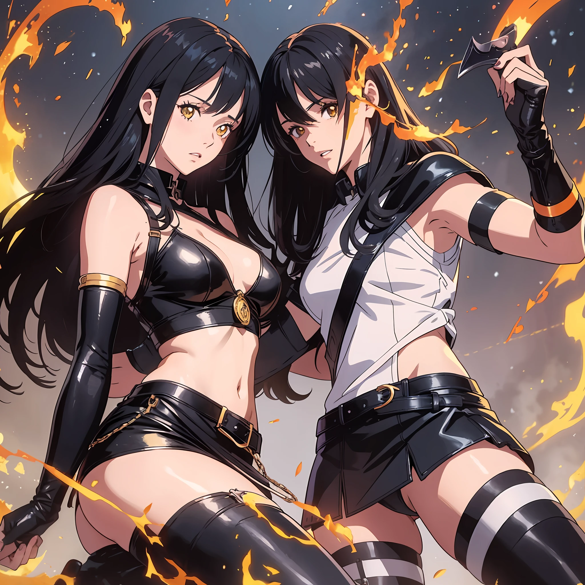 high quality realistic Anime style, anime couple, 1young girl, black middle length hair with a few golden streaks, yellow eyes , parted lips , upper short white  and a leather skirt, 7/8 socks with a garter belt. Holding two knifes, 1anime young boy, defined muscles shirtless with a red cloak, black hair, yellow eyes, waving a fire magic through his sword, moonlight --auto --s2