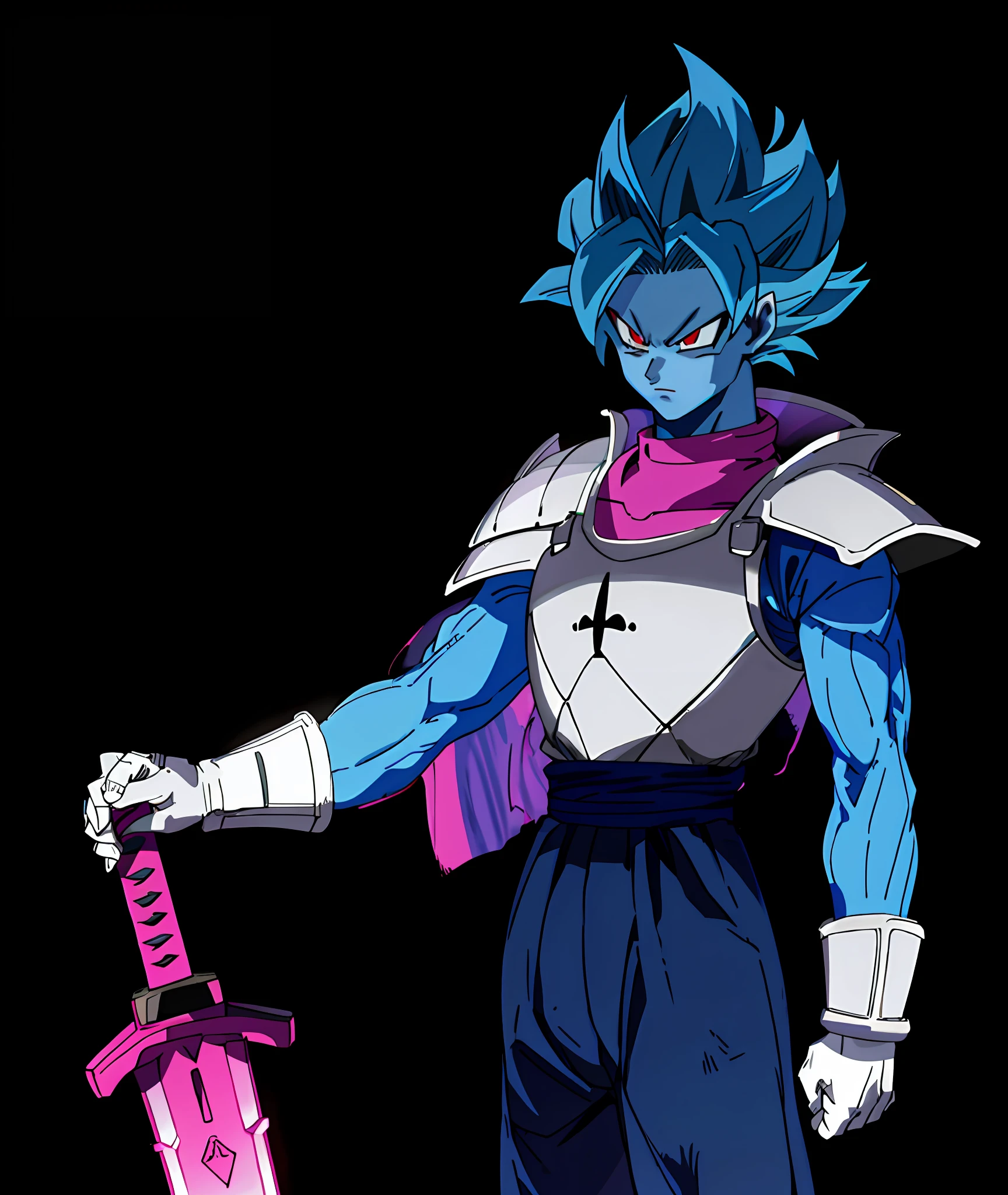 super saiyan, dark blue hair, blue skin, pink striped cloth, armor, sword, red eyes, serious face, hd, highres